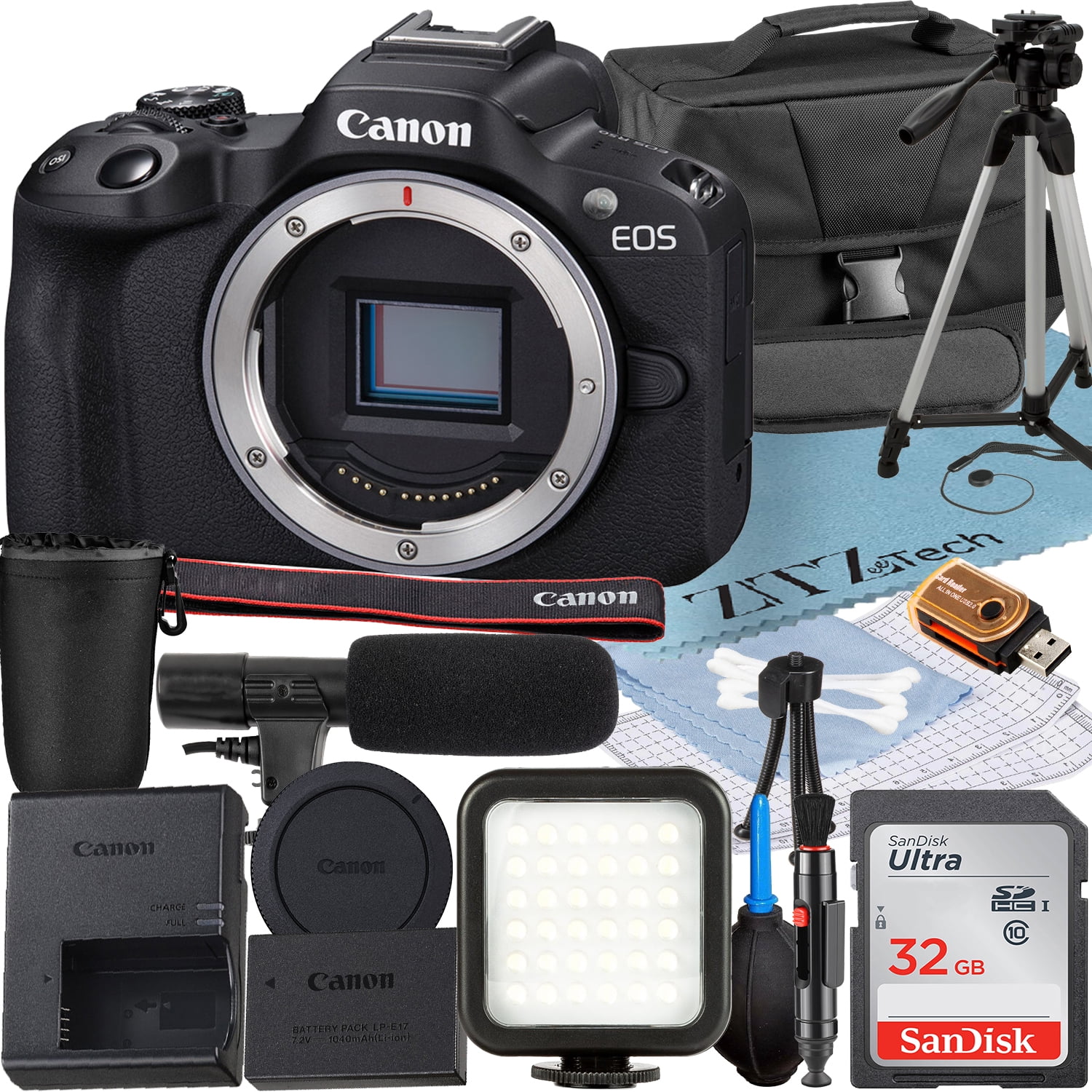 Canon EOS R50 Mirrorless Camera (Body) with SanDisk 32GB Memory Card + Case + LED Flash + ZeeTech Accessory Bundle