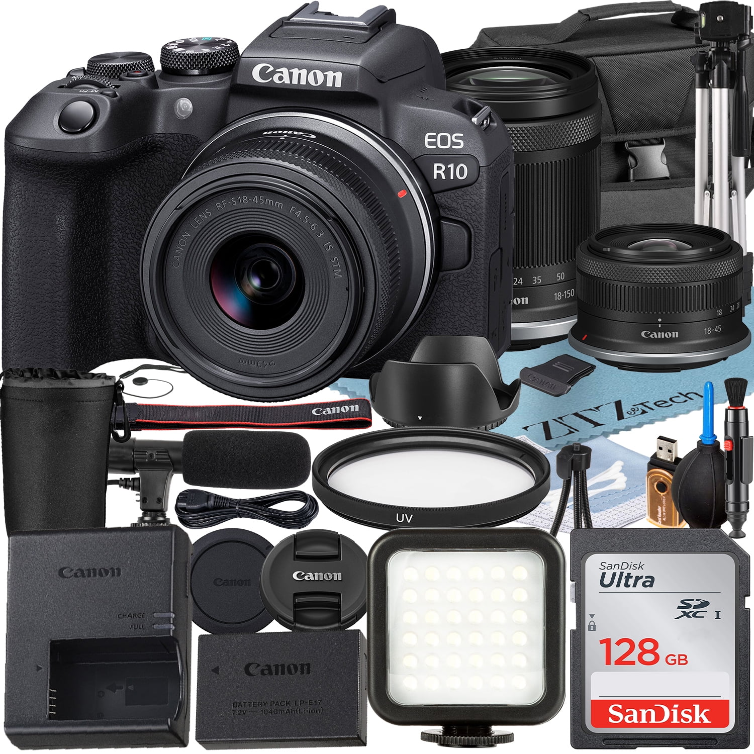 Canon EOS R10 Mirrorless Camera with RF-S 18-45mm + 18-150mm Lens + SanDisk 128GB Memory Card + Case + LED Flash + ZeeTech Accessory Bundle