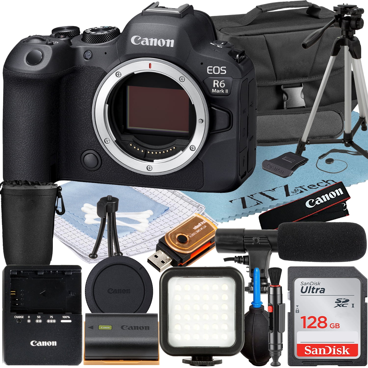 Canon EOS R6 Mark II Mirrorless Camera (Body) with SanDisk 128GB Memory Card + Case + LED Flash + ZeeTech Accessory Bundle