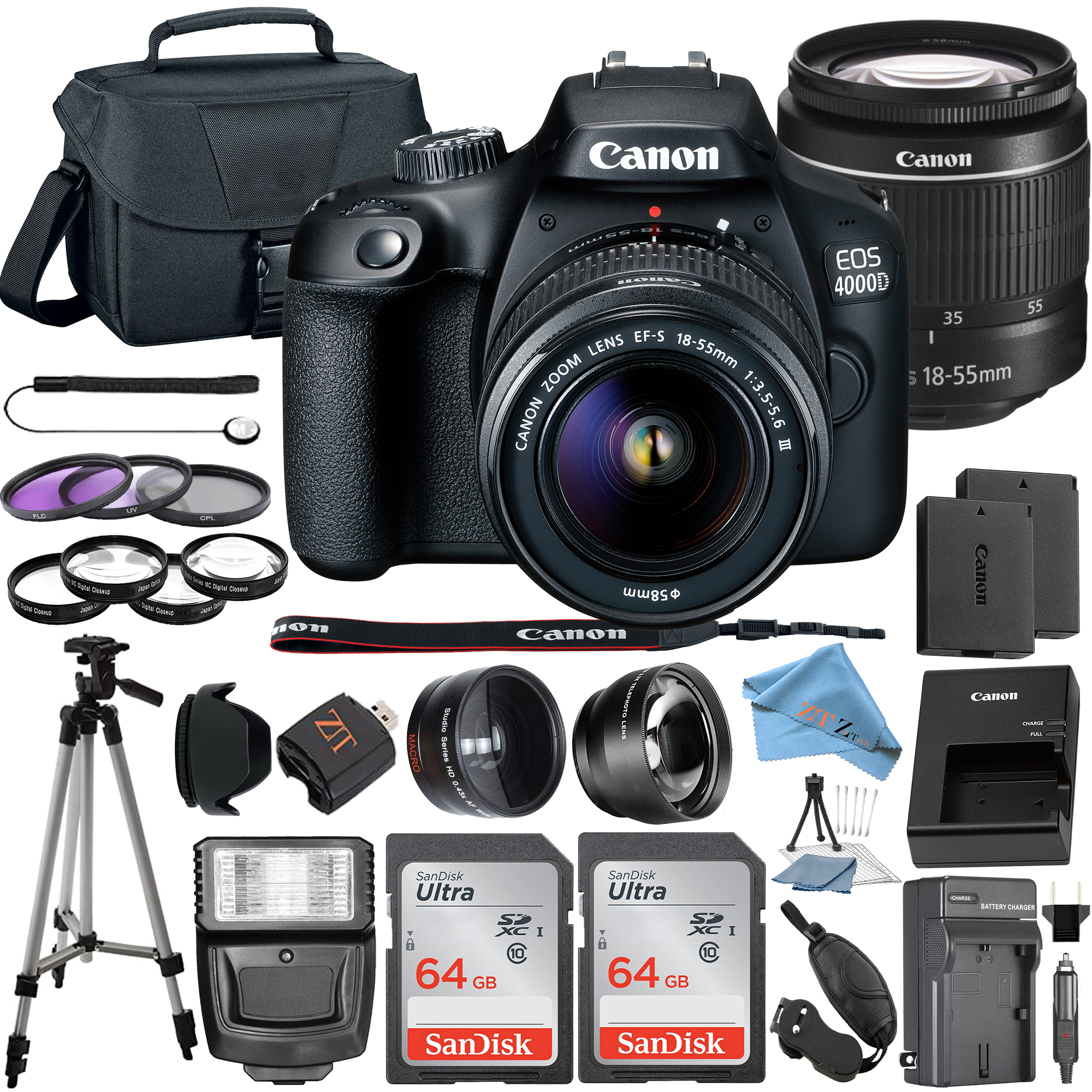 Canon EOS 4000D / Rebel T100 DSLR Camera Bundle with 18-55mm Lens + 2 Pcs SanDisk 64GB Memory Cards + Tripod + Deluxe Camera Case + Flash + ZeeTech Accessory Kit
