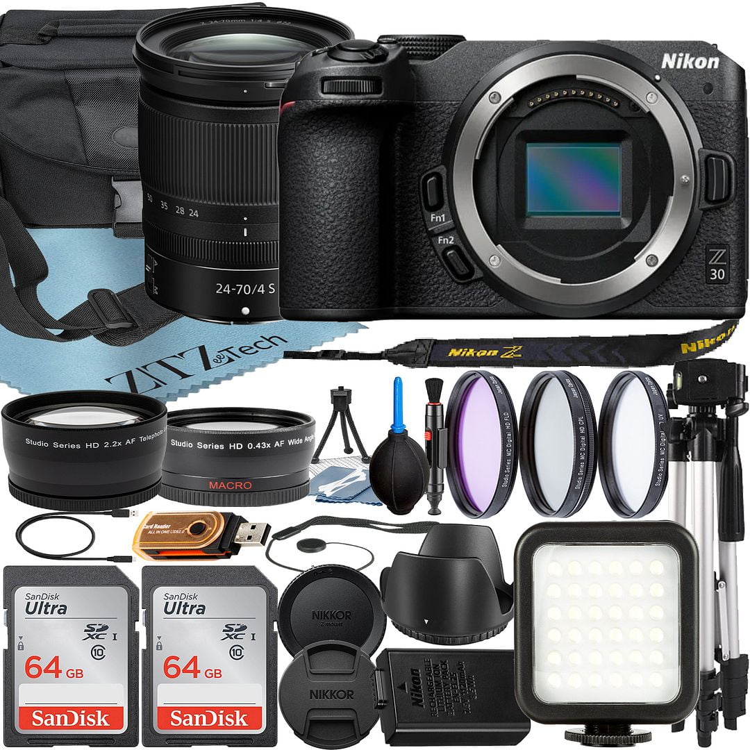 Nikon Z30 Mirrorless Camera with NIKKOR Z 24-70mm f/4 S Lens + SanDisk 64GB Card + Case + Wideangle + Tripod + ZeeTech Accessory Bundle