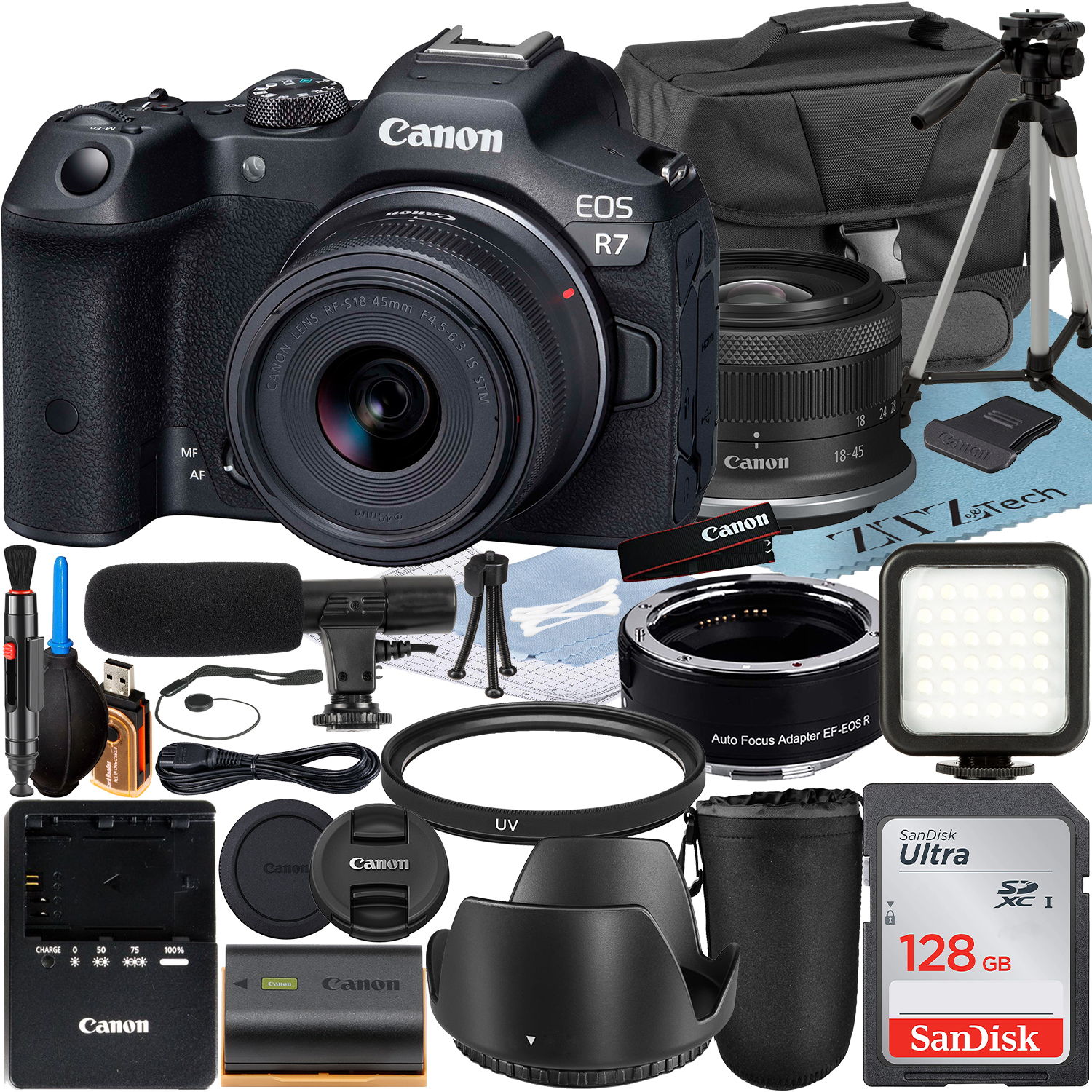 Canon EOS R7 Mirrorless Camera with RF-S 18-45mm Lens + Mount Adapter + SanDisk 128GB Memory Card + Case + LED Flash + ZeeTech Accessory Bundle