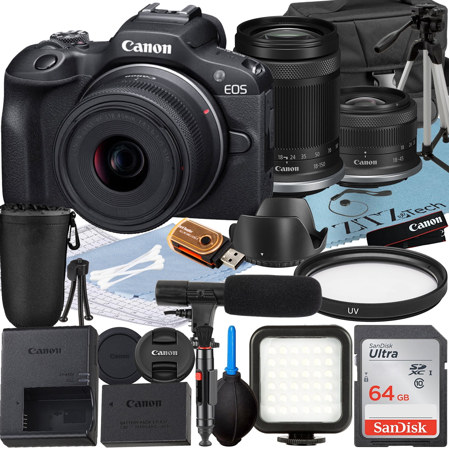 Canon EOS R100 Mirrorless Camera with RF-S 18-45mm + 18-150mm Lens + SanDisk 64GB Memory Card + Case + LED Flash + ZeeTech Accessory Bundle