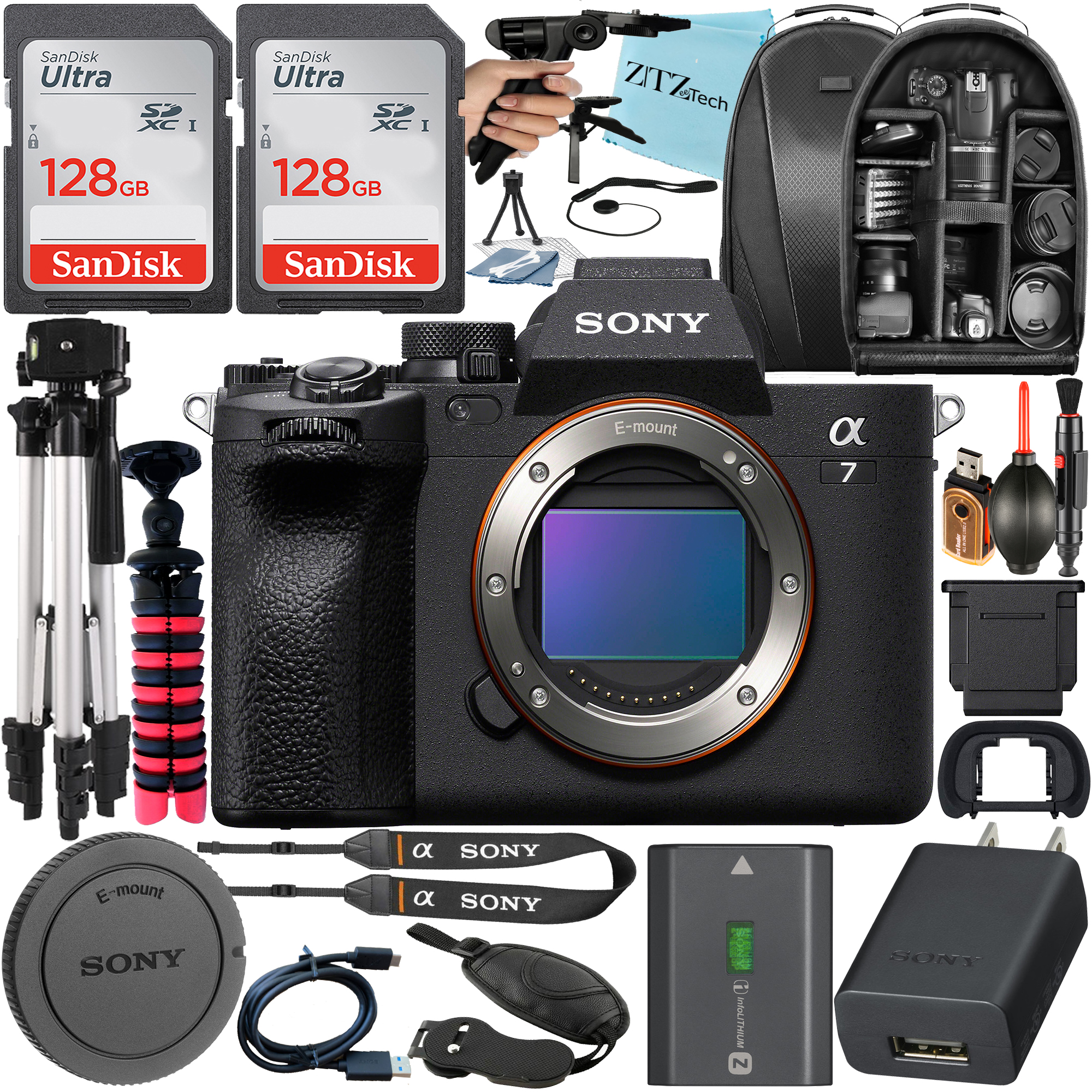 Sony Alpha a7 IV Mirrorless Digital Camera (Body Only) + SanDisk 128GB Card + Backpack + Tripod + ZeeTech Accessory Bundle