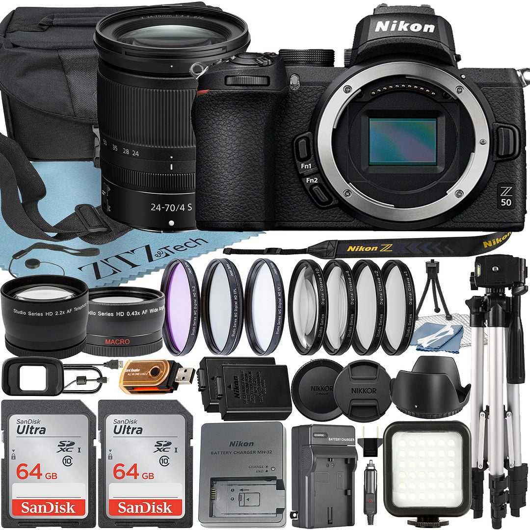 Nikon Z50 Mirrorless Camera with NIKKOR Z 24-70mm f/4 S Lens + SanDisk 64GB Card + Case + Telephoto + Tripod + ZeeTech Accessory Bundle