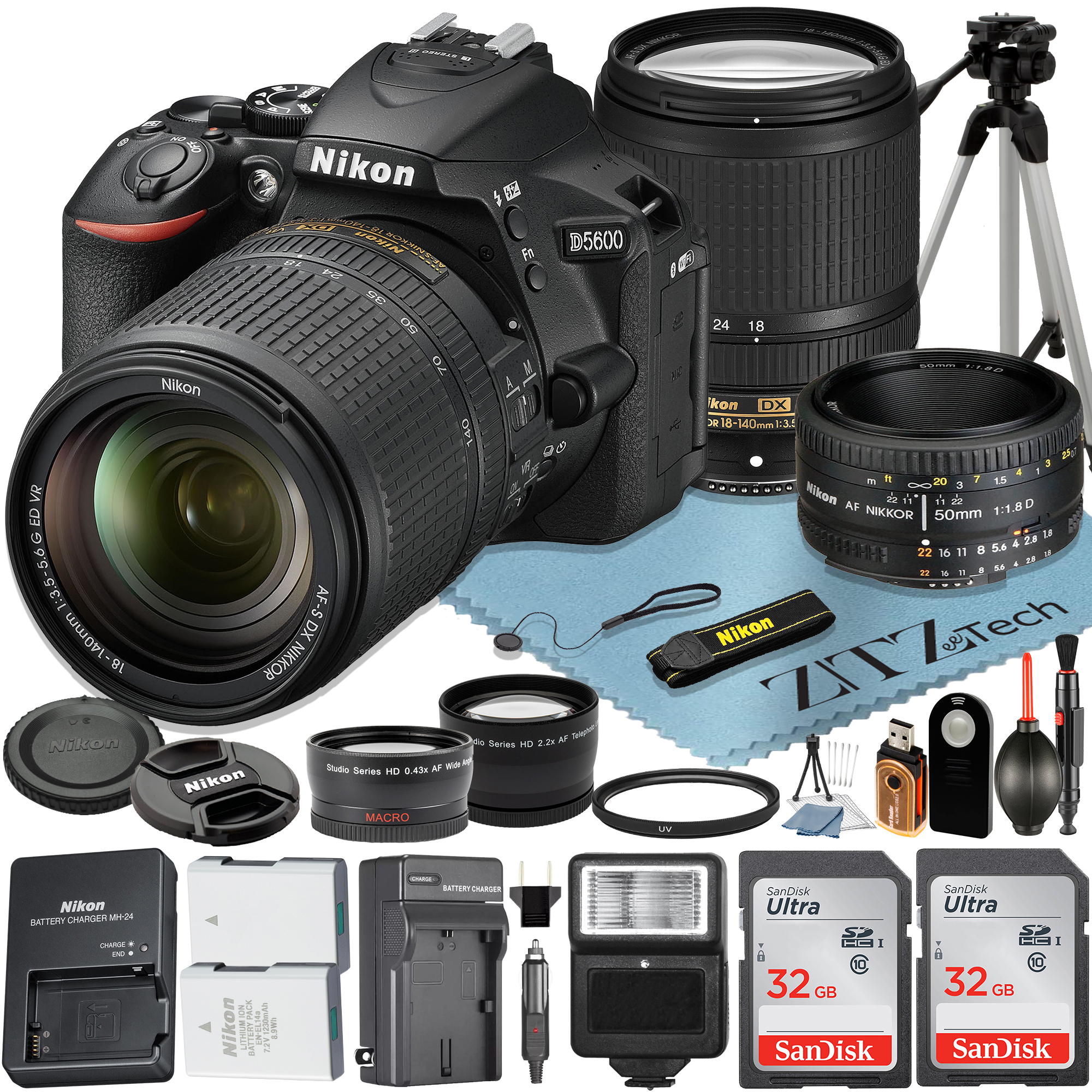 Nikon D5600 DSLR Camera with 18-140mm + AF FX 50mm Lens + 2 Pcs SanDisk 32GB Memory Card + Wideangle + Flash + Tripod + ZeeTech Accessory Bundle