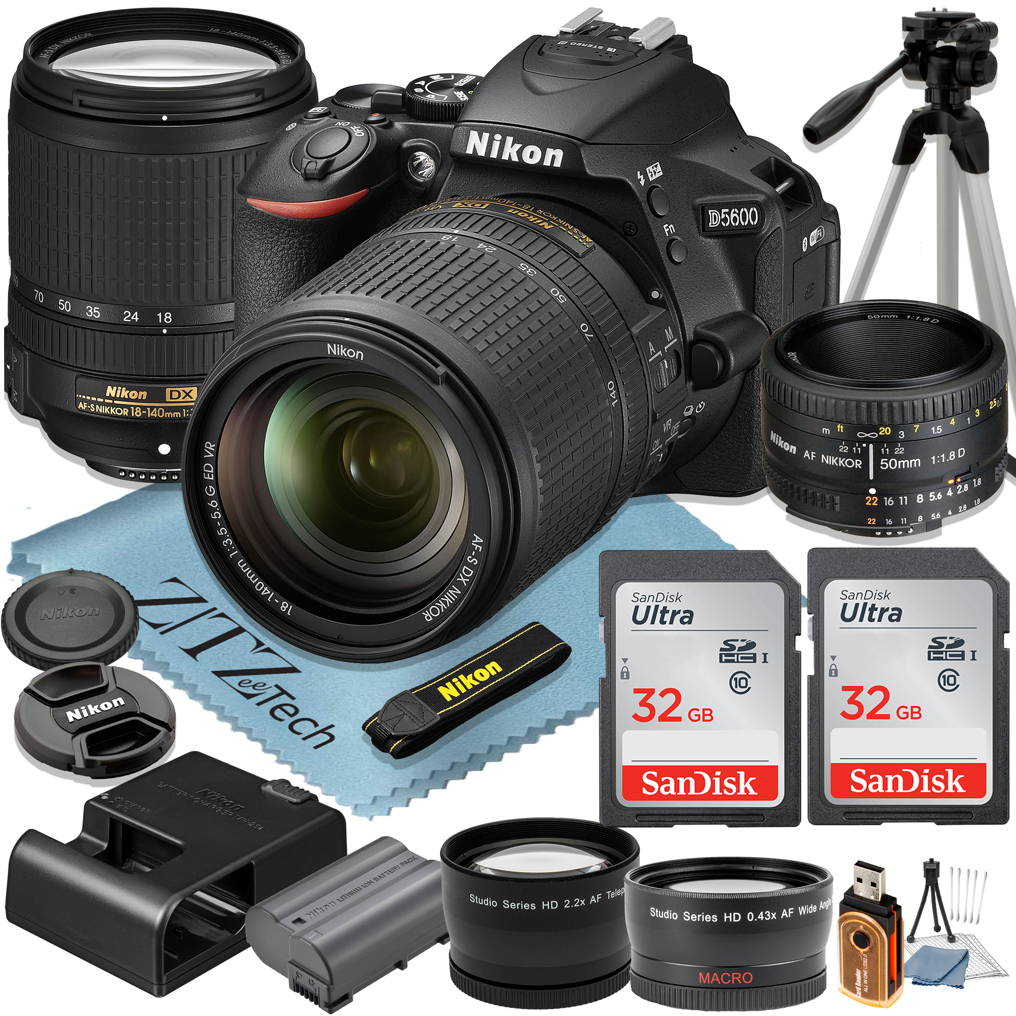 Nikon D5600 DSLR Camera with 18-140mm + AF FX 50mm Lens + 2 Pcs SanDisk 32GB Memory Cards + Tripod + Telephoto + ZeeTech Accessory Bundle