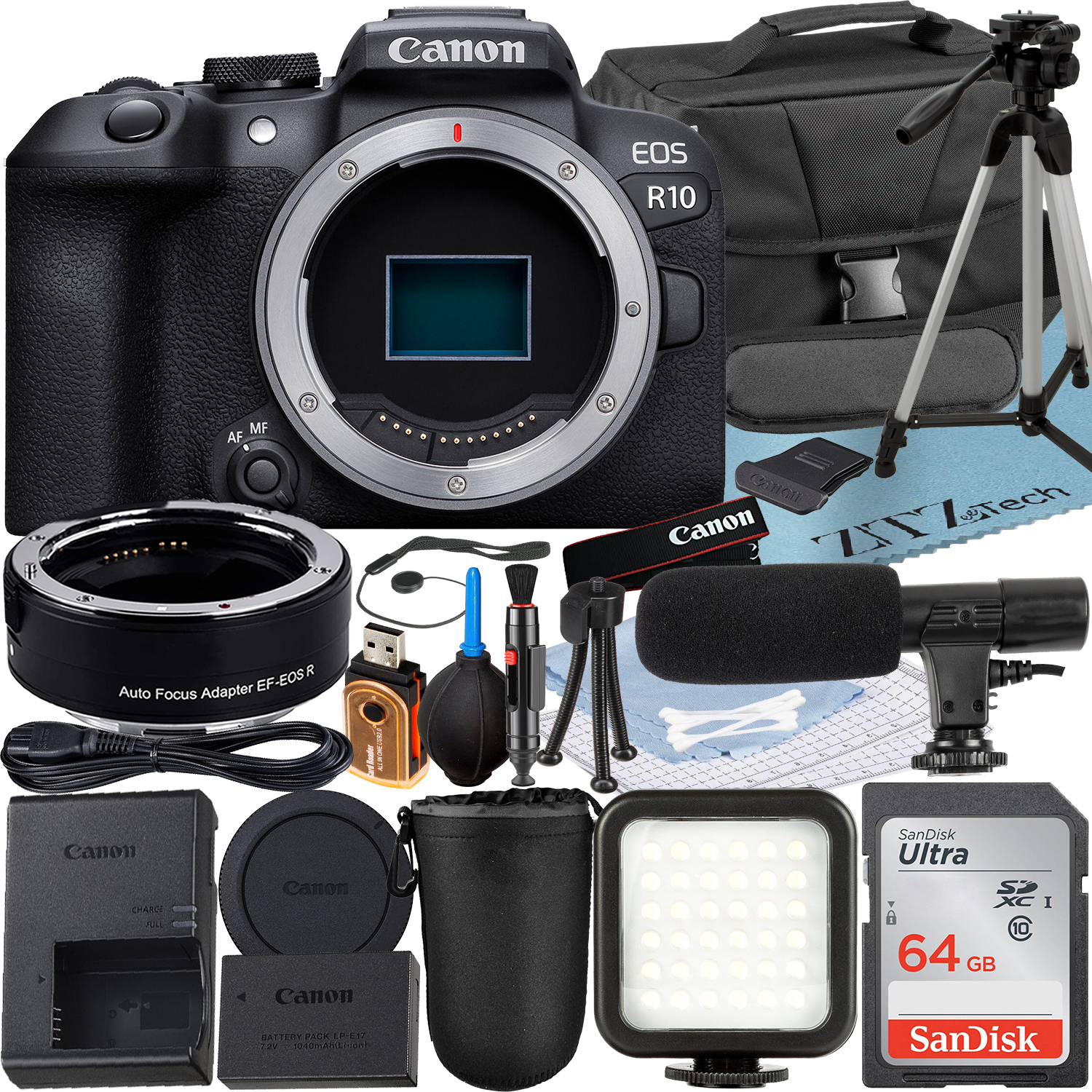 Canon EOS R10 Mirrorless Camera (Body) with Mount Adapter + SanDisk 64GB Memory Card + Case + LED Flash + ZeeTech Accessory Bundle
