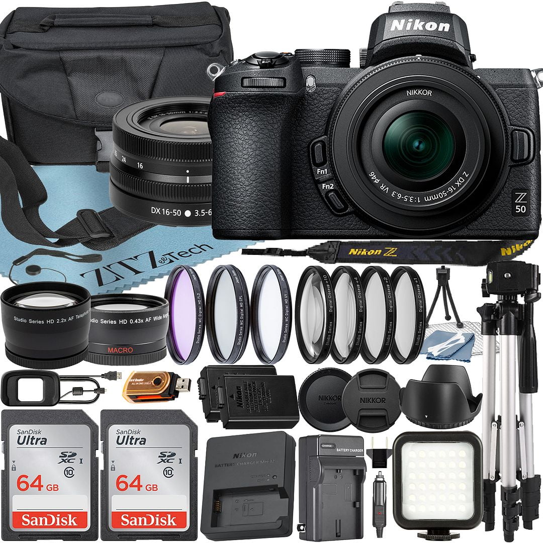 Nikon Z50 Mirrorless Camera with NIKKOR Z DX 16-50mm VR Zoom Lens + SanDisk 64GB Card + Case + Telephoto + Tripod + ZeeTech Accessory Bundle