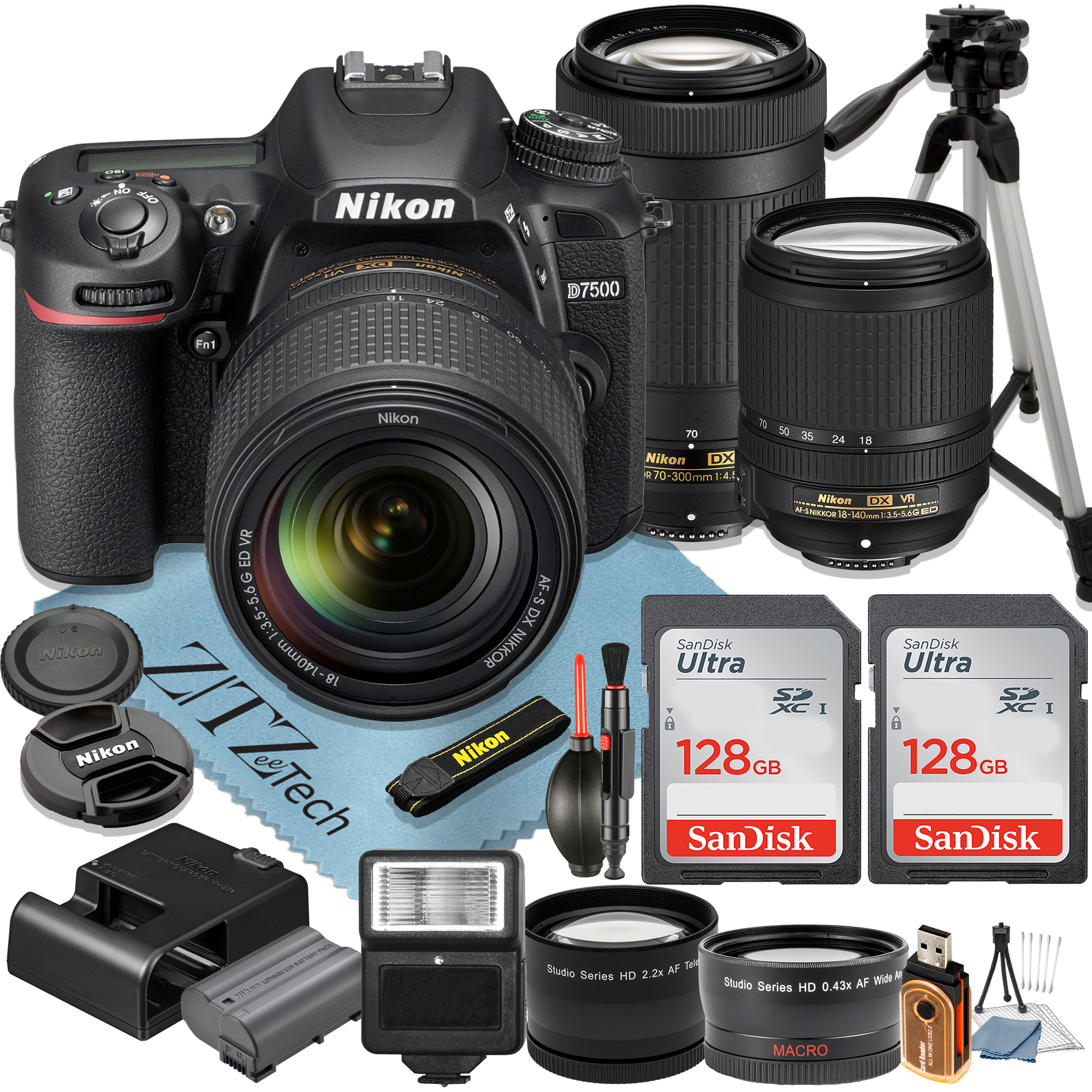 Nikon D7500 DSLR Camera with 18-140mm + 70-300mm Lens + 2 Pcs SanDisk 128GB Memory Cards + Tripod + Wideangle + Flash + ZeeTech Accessory Bundle