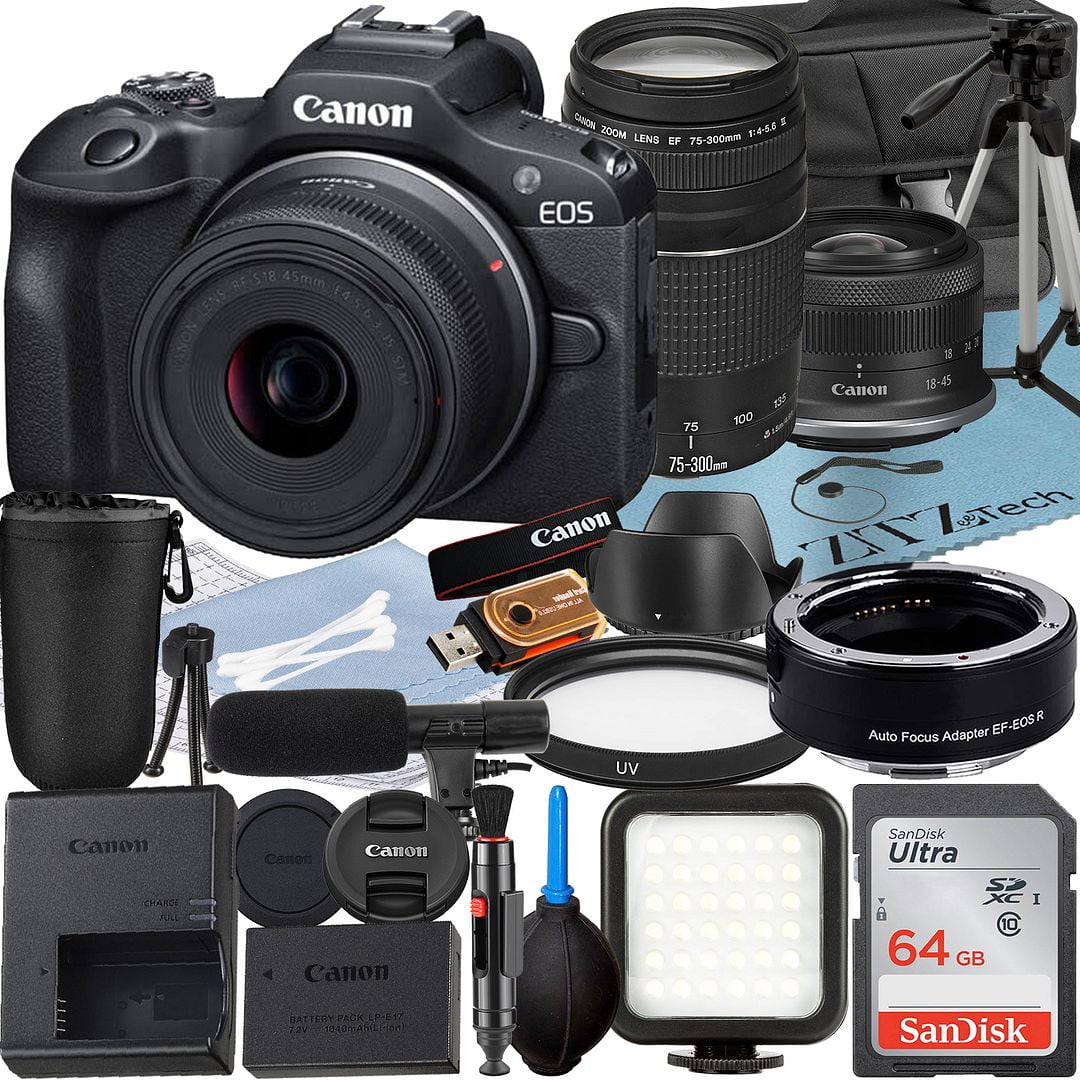 Canon EOS R100 Mirrorless Camera with RF-S 18-45mm + EF 75-300mm Lens + Mount Adapter + SanDisk 64GB Memory Card + Case + LED Flash + ZeeTech Accessory Bundle