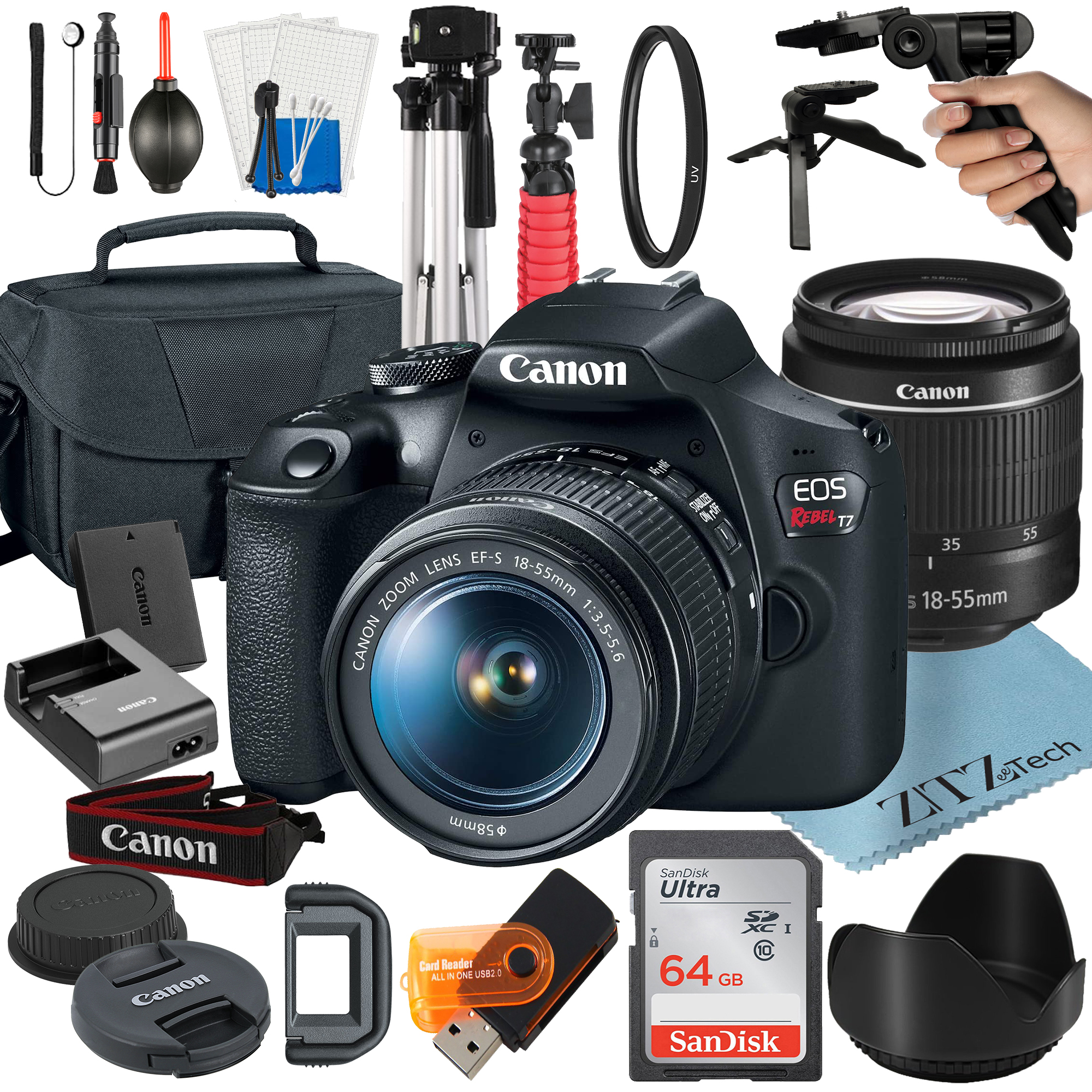 Canon EOS Rebel T7 DSLR Camera Bundle with 18-55mm Zoom Lens + 64GB SanDisk Card + Case + Tripod + ZeeTech Accessory