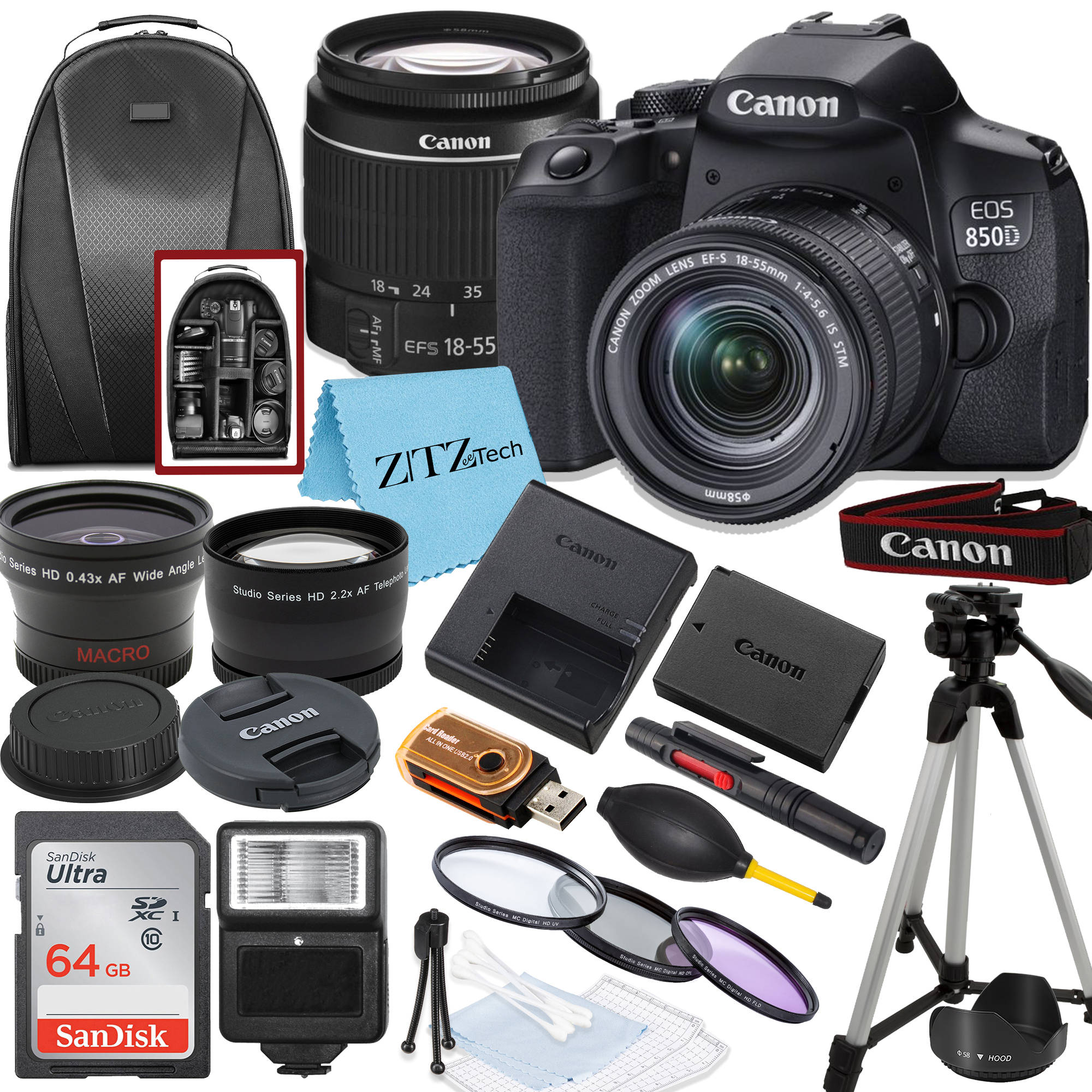 Canon EOS 850D / Rebel T8i DSLR Camera Bundle with 18-55mm Zoom Lens, SanDisk 64GB Memory Card, Backpack and ZeeTech Accessory