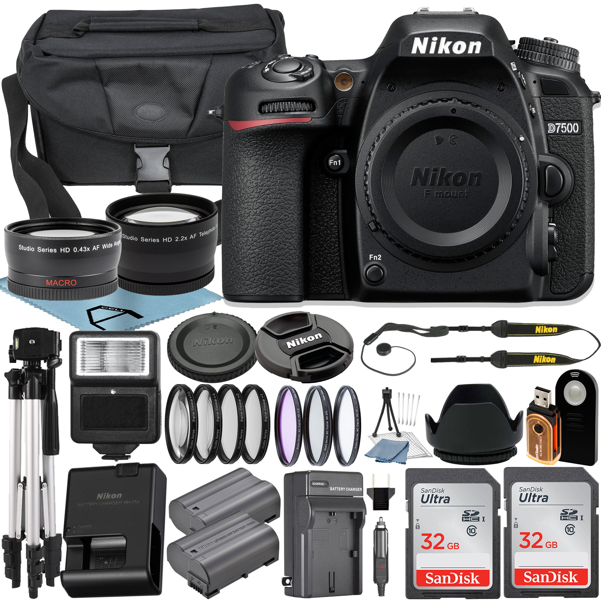 Nikon D7500 DSLR Camera (Body Only) with 2pcs SanDisk 32GB Memory Card + Case + Tripod + Wideangle + Telephoto + A-Cell Accessory Bundle