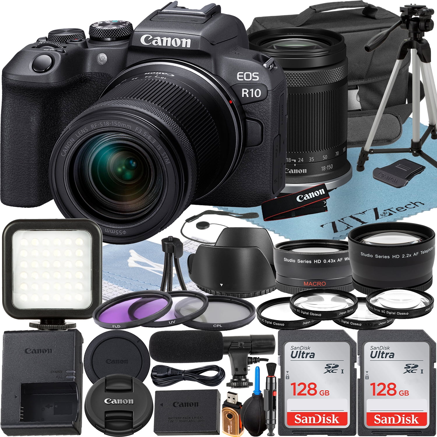 Canon EOS R10 Mirrorless Camera with RF-S 18-150mm Lens + 2 Pack SanDisk 128GB Memory Card + Case + ZeeTech Accessory