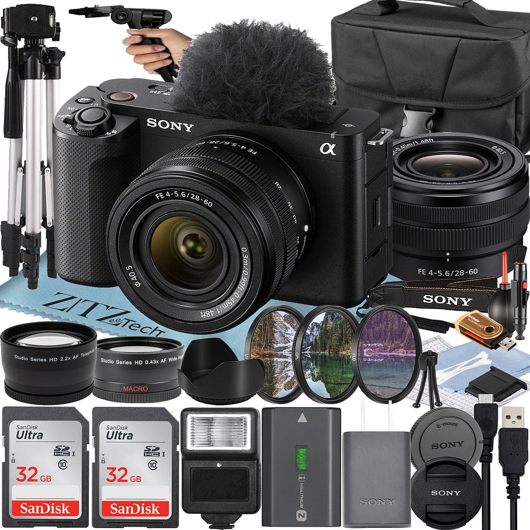 Sony ZV-E1 Mirrorless Camera (Black) with FE 28-60mm Lens + 2 Pack SanDisk 32GB Card + Case + Tripod + Flash + ZeeTech Accessory Bundle