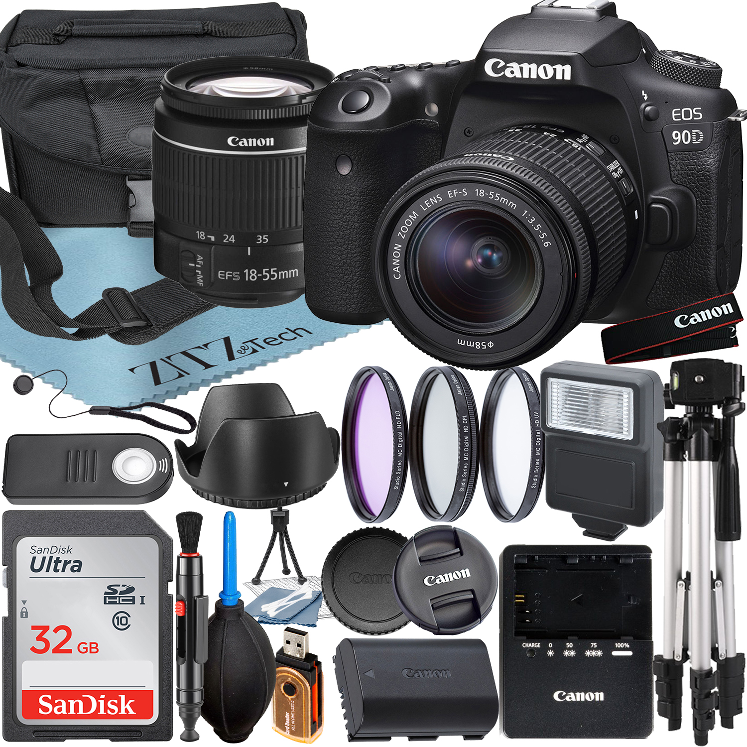 Canon EOS 90D DSLR Camera with 18-55mm Lens + SanDisk 32GB Card + Case + 3 Pieces Filter + Flash + ZeeTech Accessory Bundle