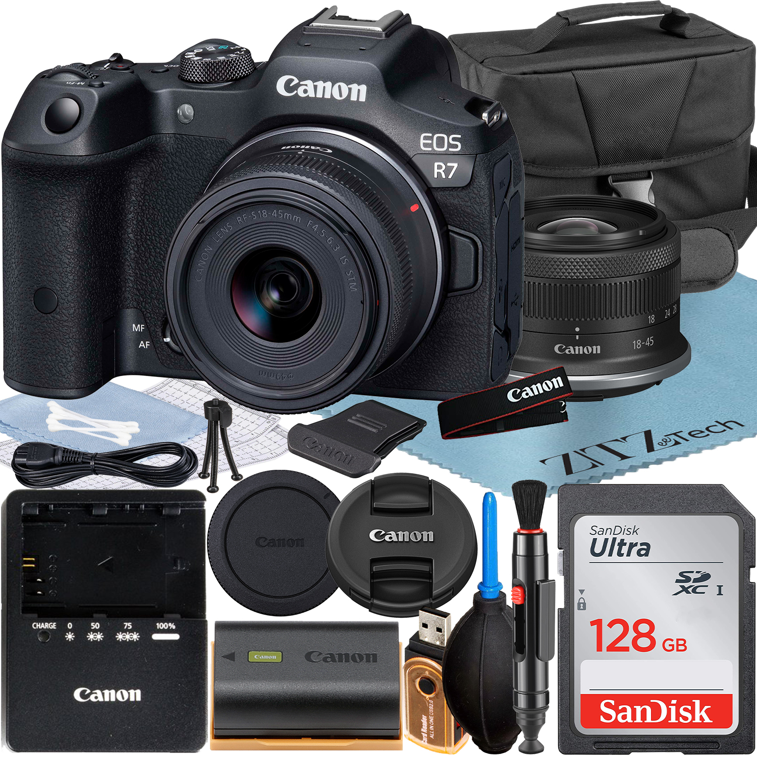 Canon EOS R7 Mirrorless Camera with RF-S 18-45mm Lens + SanDisk 128GB Memory Card + Case + ZeeTech Accessory Bundle