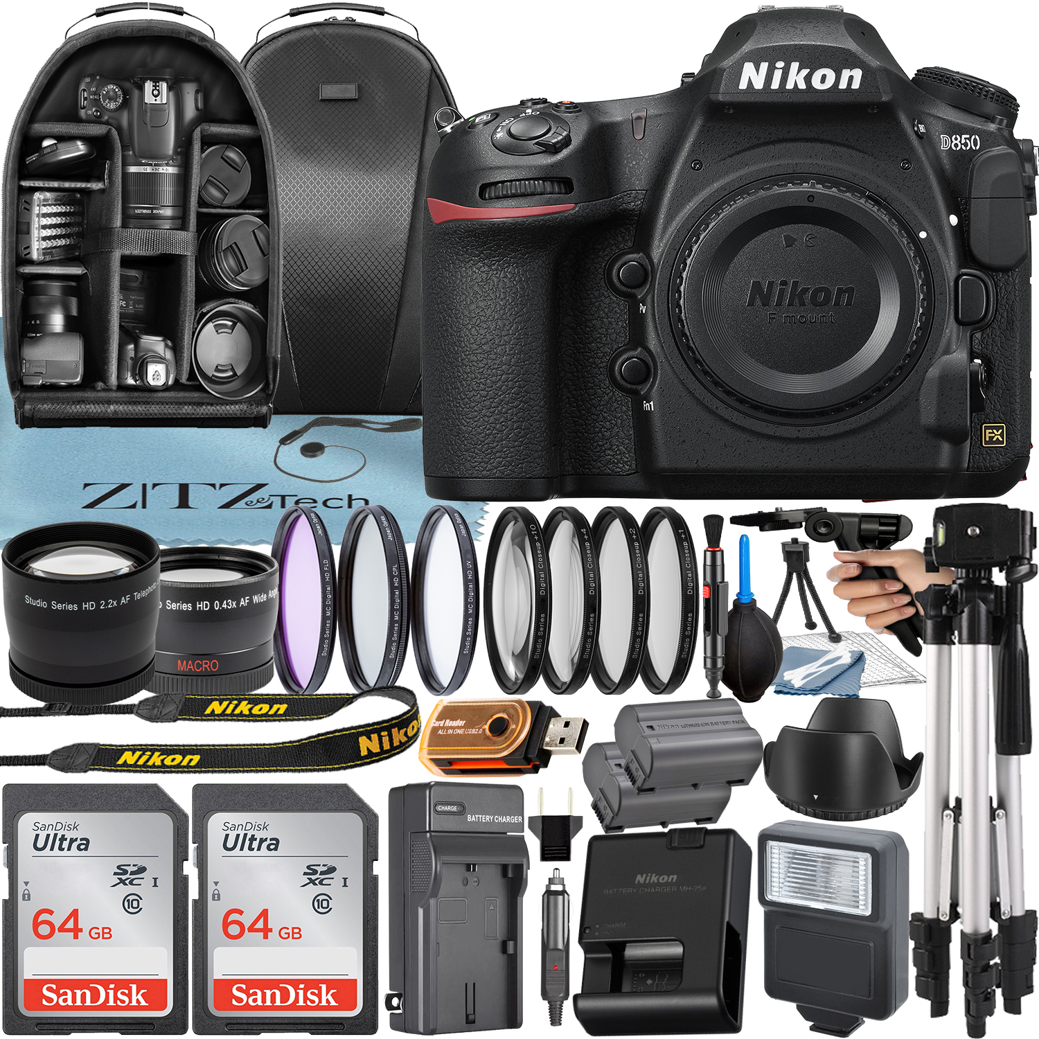 Nikon D850 DSLR Camera (Body Only) with 45.7MP CMOS Sensor + SanDisk 64GB Card + Case + Telephoto + Tripod + ZeeTech Accessory Bundle