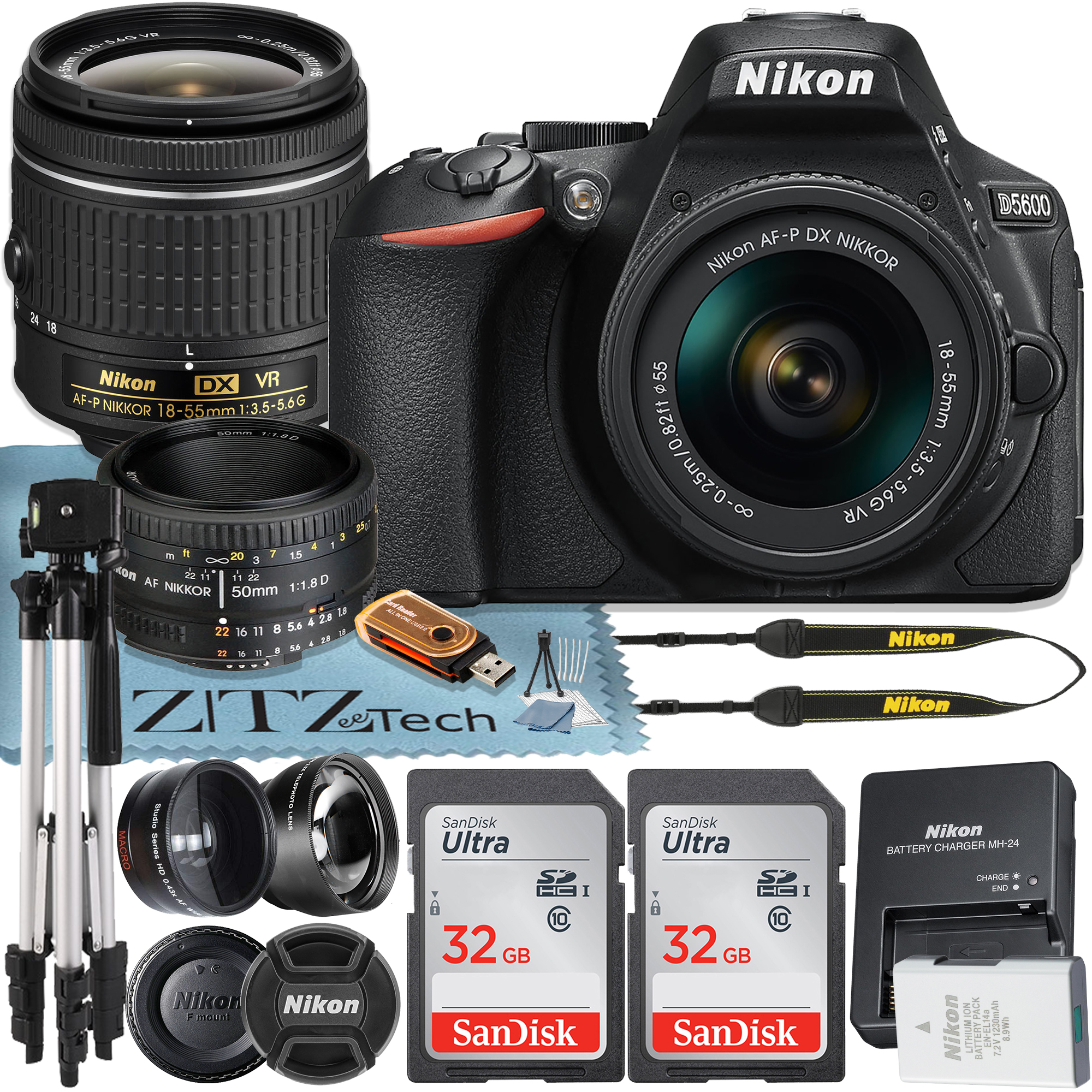 Nikon D5600 DSLR Camera 24.2MP with 18-55mm + AF FX 50mm Lens + 2 Pcs SanDisk 32GB Memory Card + Tripod + ZeeTech Accessory Bundle