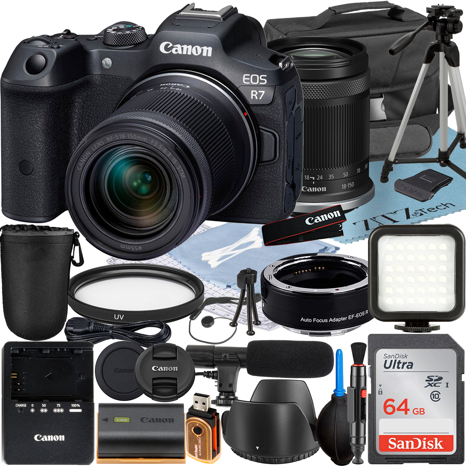 Canon EOS R7 Mirrorless Camera with RF-S 18-150mm Lens + Mount Adapter + SanDisk 64GB Memory Card + Case + LED Flash + ZeeTech Accessory Bundle