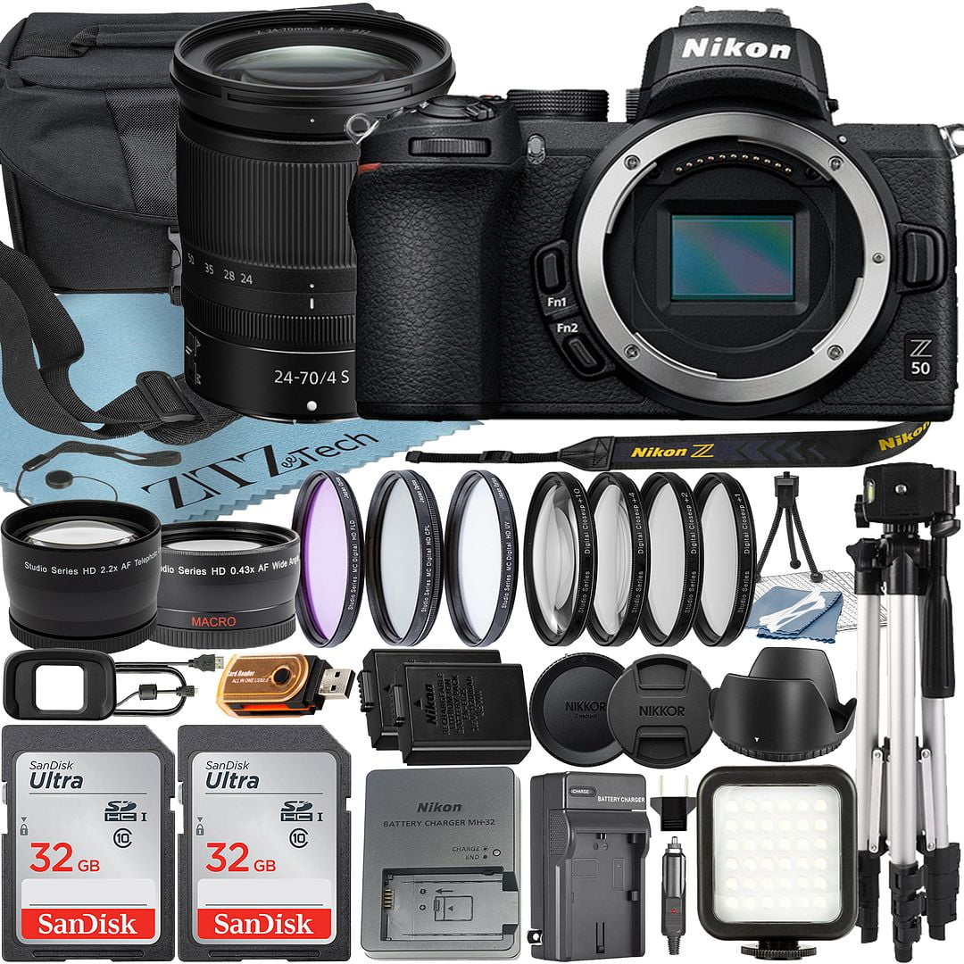 Nikon Z50 Mirrorless Camera with NIKKOR Z 24-70mm f/4 S Lens + SanDisk 32GB Card + Case + Telephoto + Tripod + ZeeTech Accessory Bundle