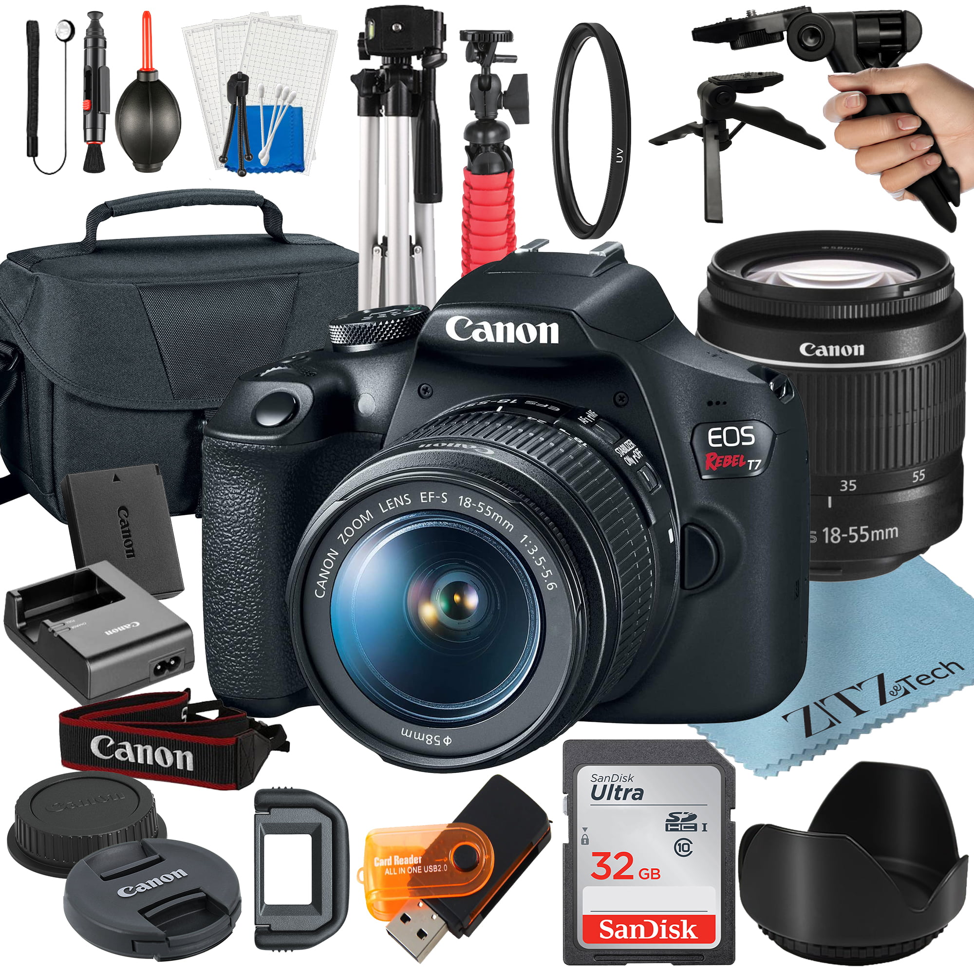 Canon EOS Rebel T7 DSLR Camera Bundle with 18-55mm Zoom Lens + 32GB SanDisk Card + Case + Tripod + ZeeTech Accessory