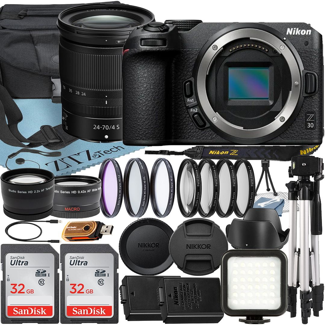 Nikon Z30 Mirrorless Camera with NIKKOR Z 24-70mm f/4 S Lens + SanDisk 32GB Card + Case + Telephoto + Tripod + ZeeTech Accessory Bundle