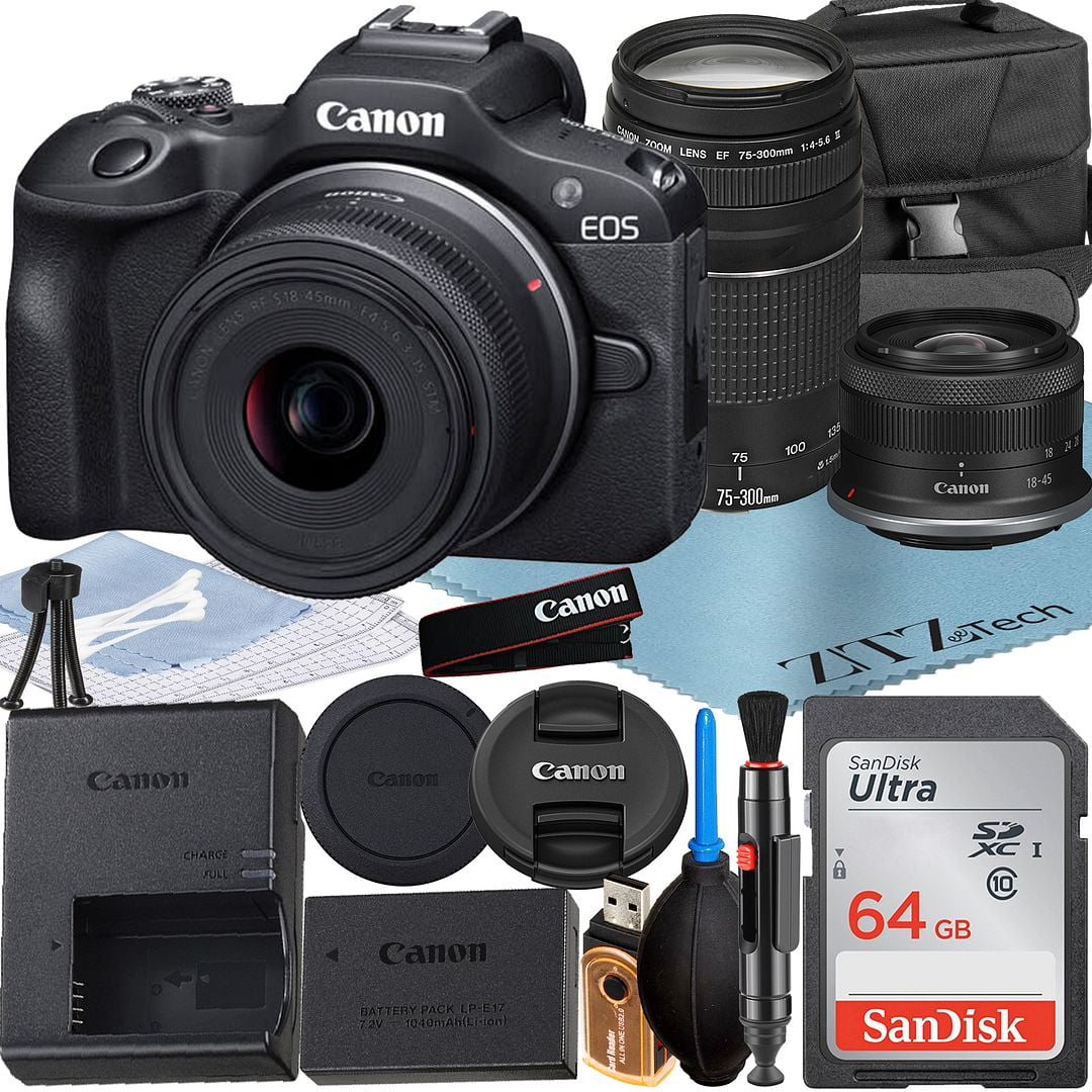 Canon EOS R100 Mirrorless Camera with RF-S 18-45mm + EF 75-300mm Lens + SanDisk 64GB Memory Card + Case + ZeeTech Accessory Bundle