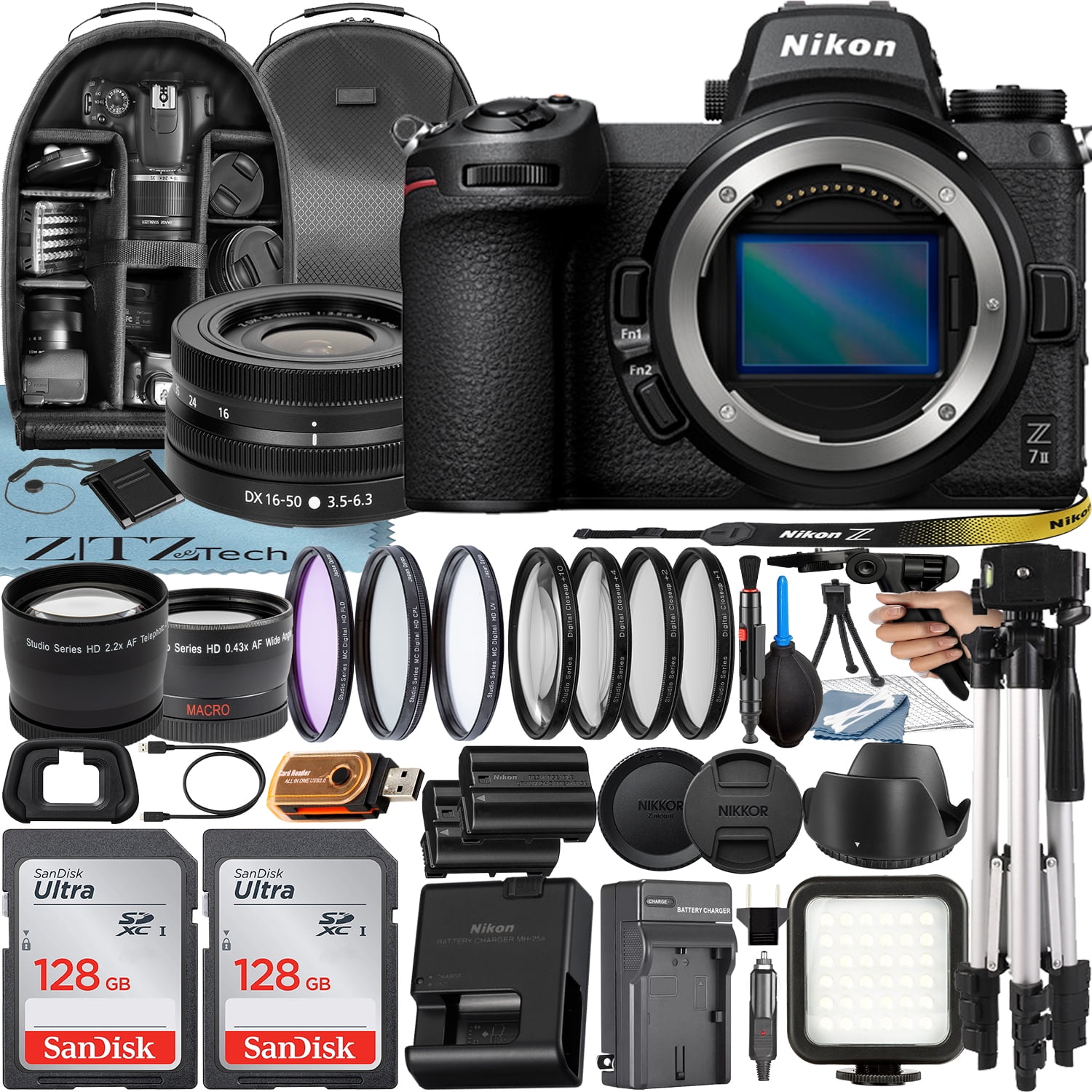 Nikon Z7 II Mirrorless Camera with NIKKOR Z DX 16-50mm VR Lens + 2 Pack 128GB SanDisk Card + Case + Tripod + ZeeTech Accessory Bundle