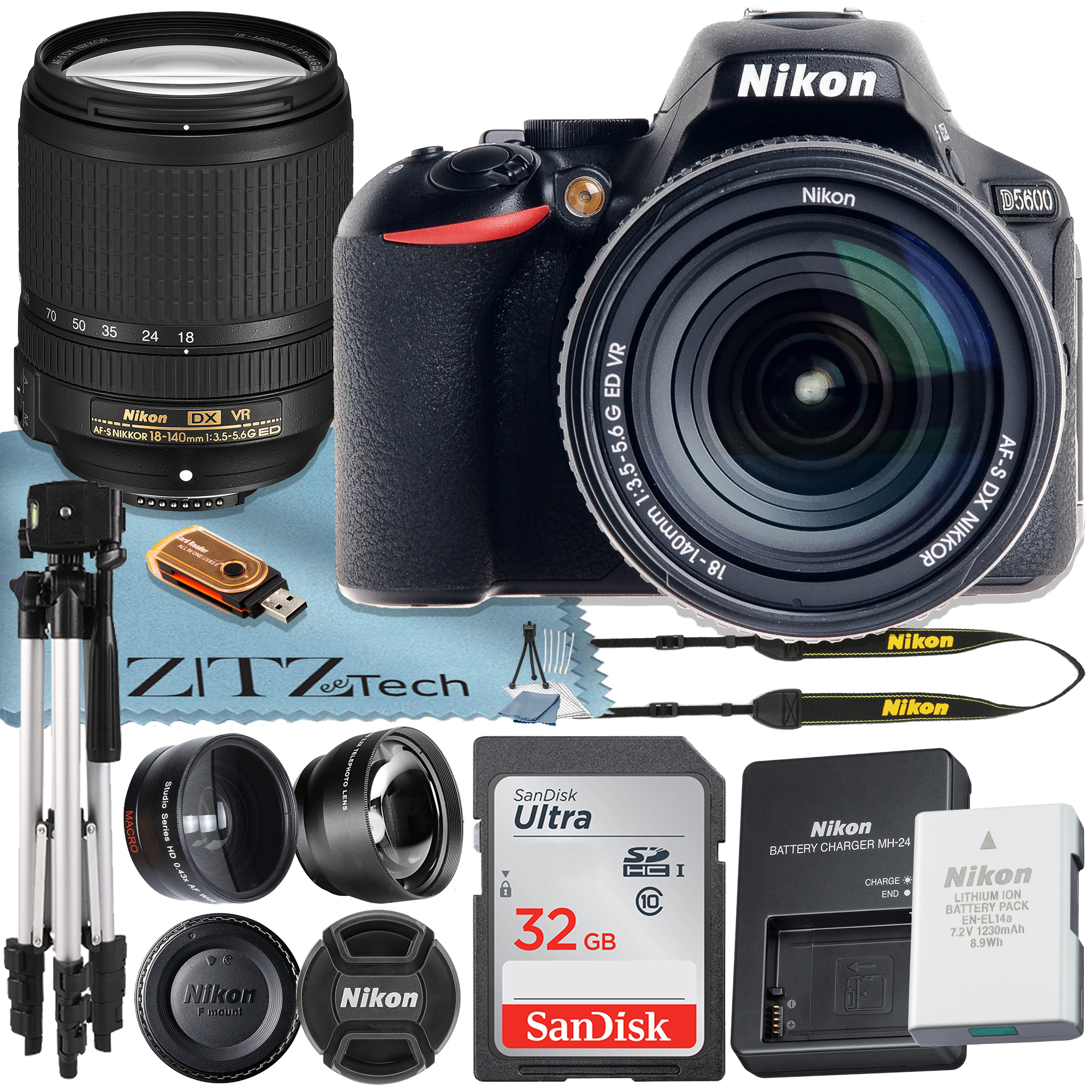 Nikon D5600 DSLR Camera 24.2MP DX-Format with 18-140mm Lens + SanDisk 32GB Memory Card + Tripod + ZeeTech Accessory Bundle