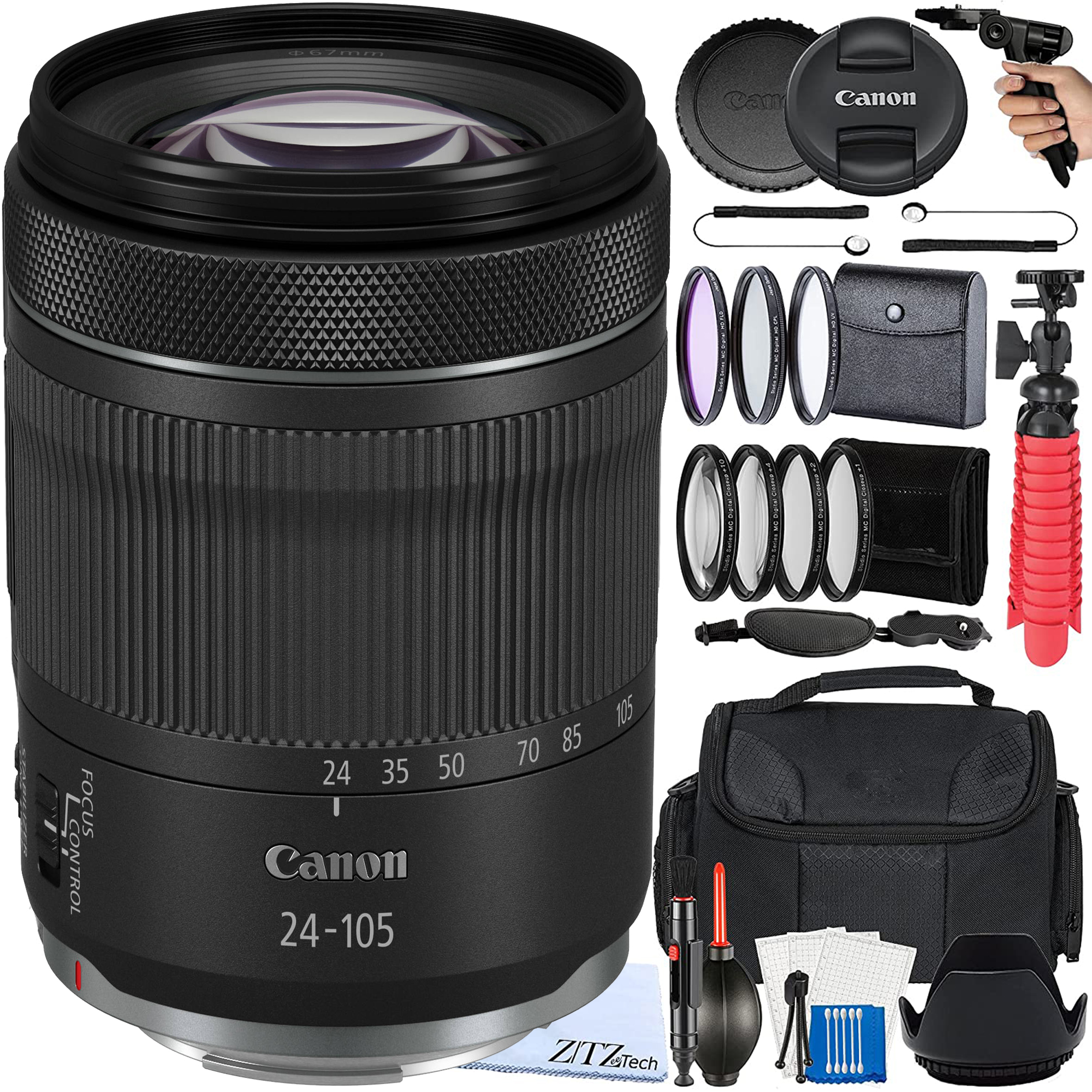 Canon RF 24-105mm f/4-7.1 IS STM Lens + Zeetech Accessory Bundle Package include: Case + Spider Tripod + Pistol Grip + Marco Close Up Kit + Filter (UV, CPL, FLD)