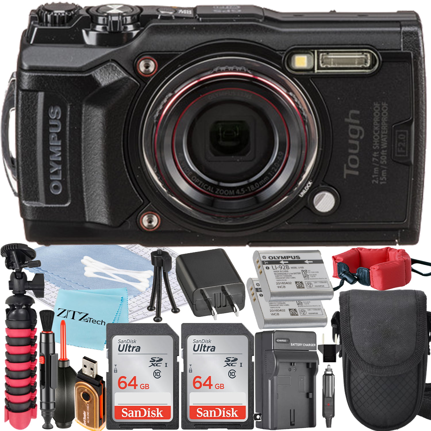 Olympus Tough TG-6 Digital Camera (Black) + 2 Pieces SanDisk 64GB Memory Card + Extra Battery + ZeeTech Accessory Bundle (Professional Kit)