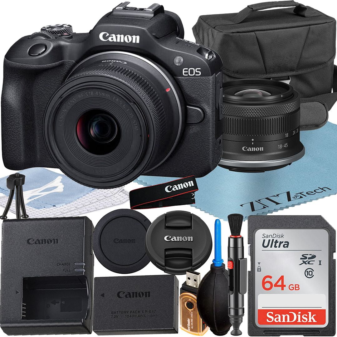 Canon EOS R100 Mirrorless Camera with RF-S 18-45mm Lens + SanDisk 64GB Memory Card + Case + ZeeTech Accessory Bundle