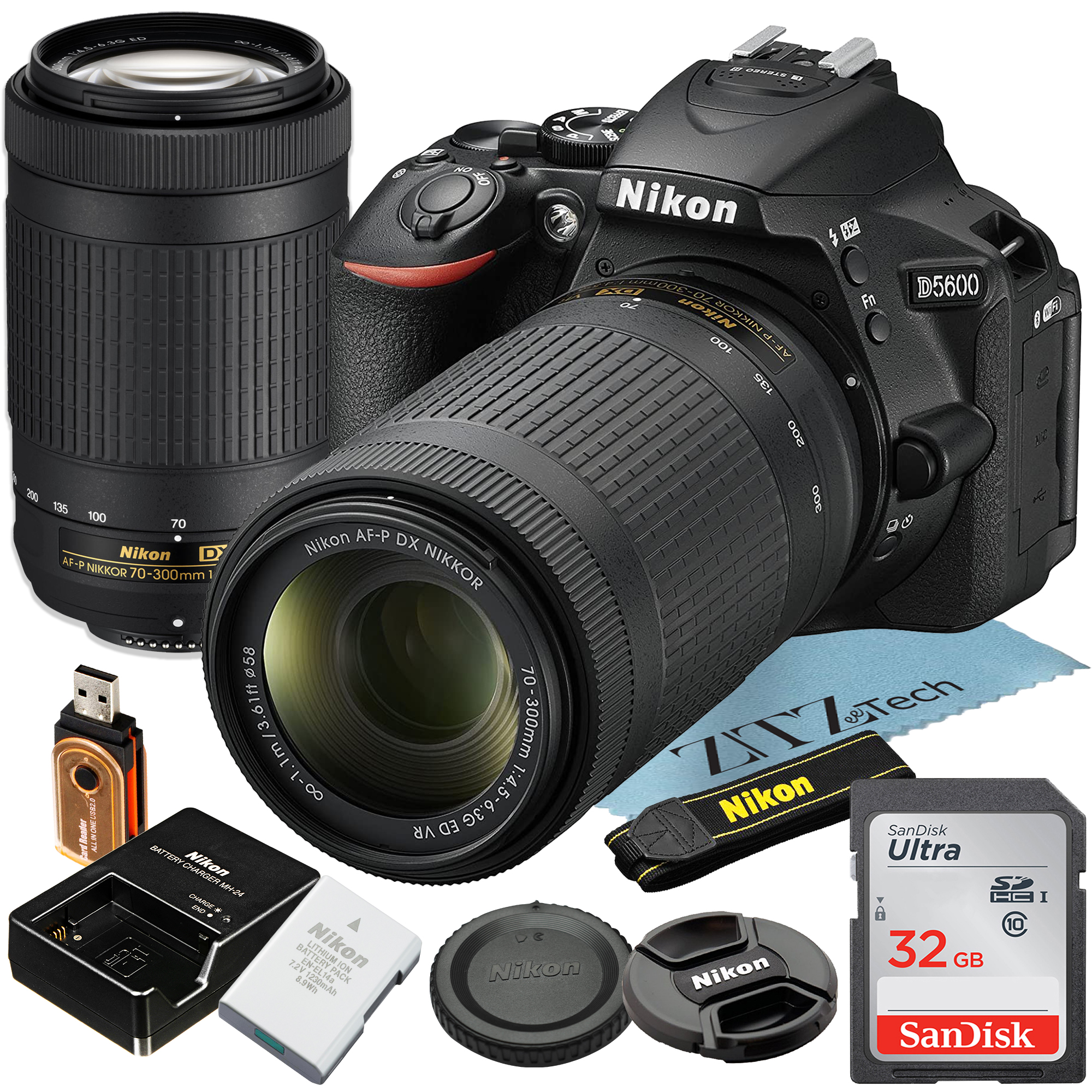 Nikon D5600 DSLR Camera 24.2MP DX-Format CMOS Sensor with AF-P 70-300mm ED VR Lens + SanDisk 32GB Memory Card + ZeeTech Accessory Bundle