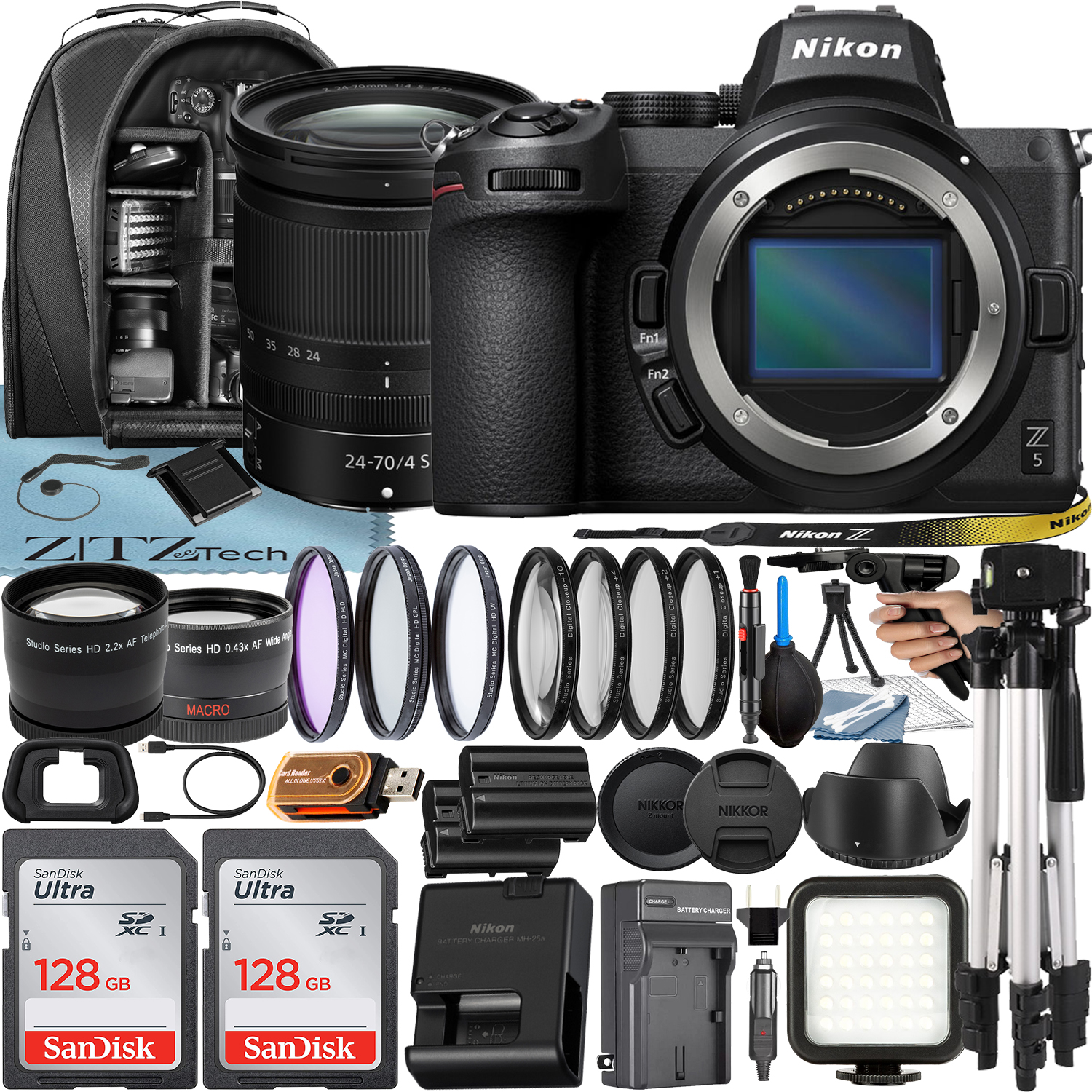 Nikon Z5 Mirrorless Camera with NIKKOR Z 24-70mm f/4 S Lens + 2 Pack 128GB SanDisk Card + Case + Tripod + ZeeTech Accessory Bundle