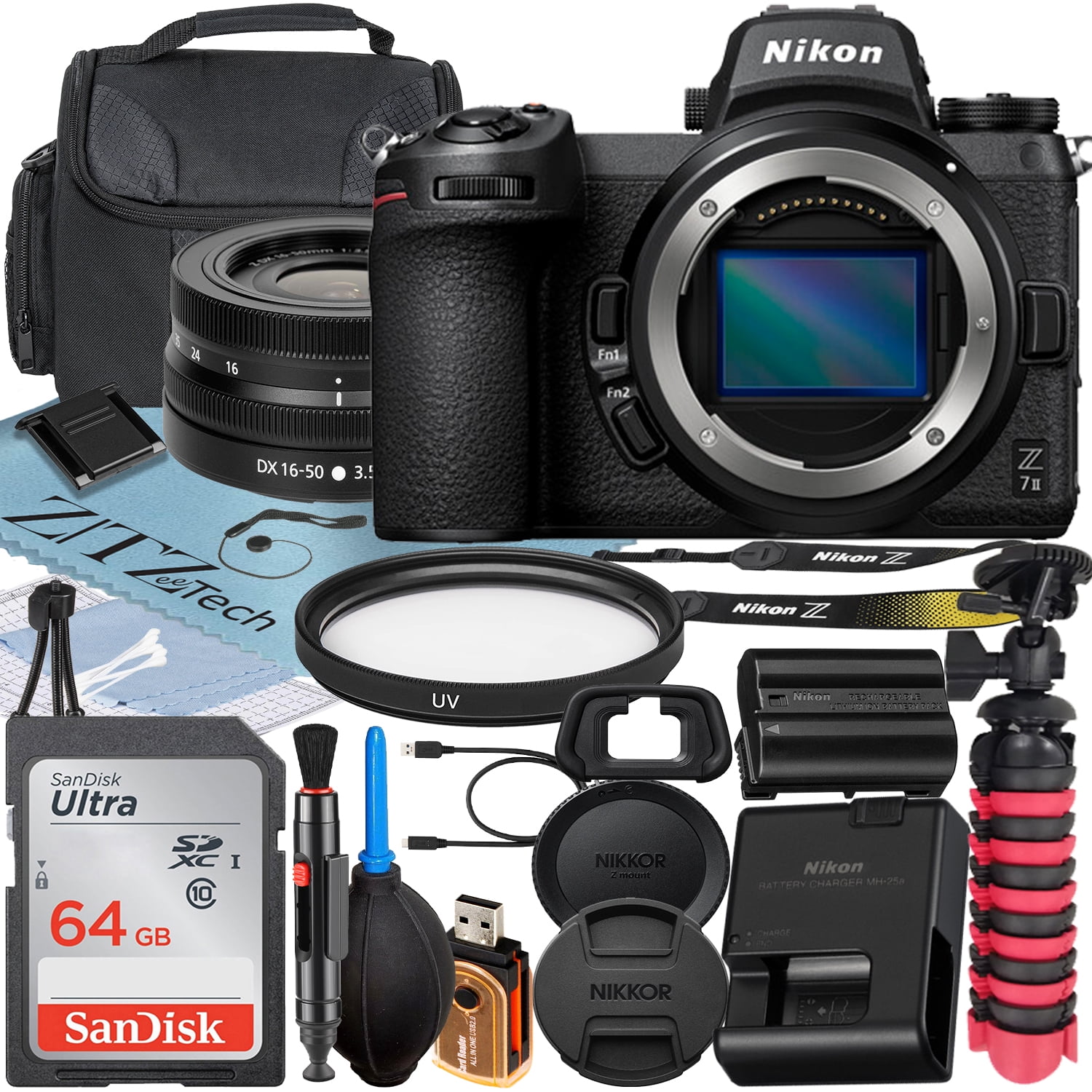 Nikon Z7 II Mirrorless Camera with NIKKOR Z DX 16-50mm VR Zoom Lens + SanDisk 64GB Memory Card + Case + UV Filter + ZeeTech Accessory Bundle