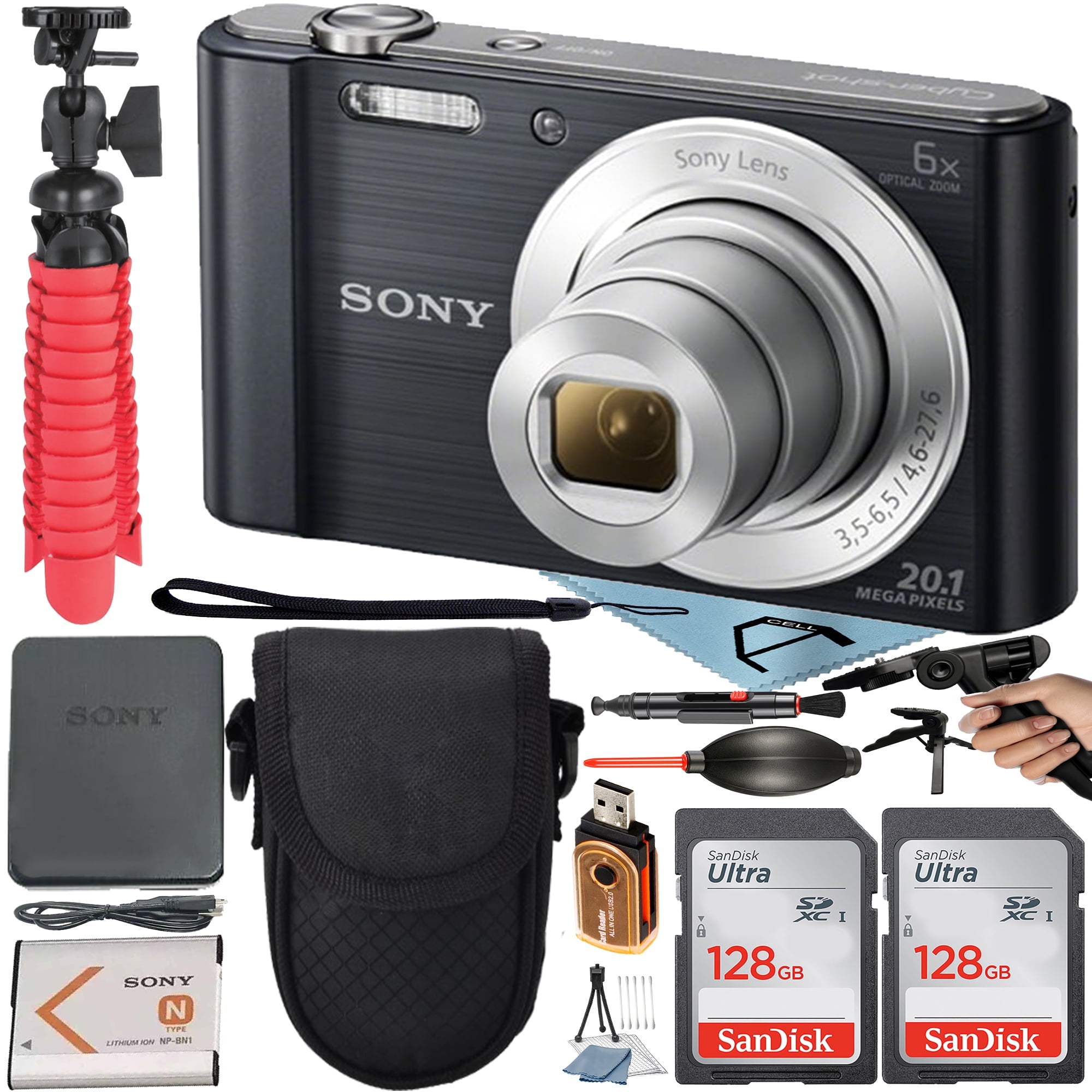 Sony Cyber-Shot DSC-W810 Digital Camera 20.1 MP CCD Sensor with Optical 6X Zoom Lens + 2 Pack SanDisk 128GB Memory Card + Case + Pistol Grip + Tripod + ZeeTech Accessory Bundle (Black)