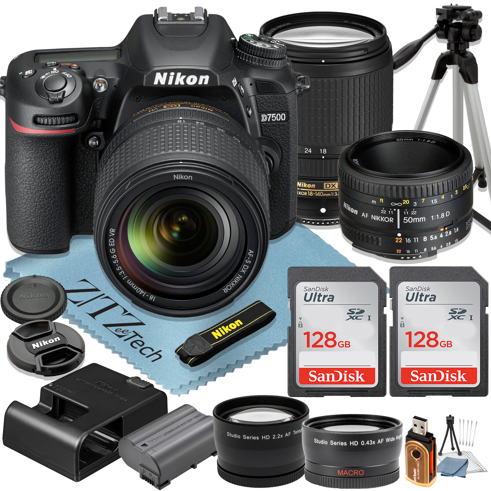 Nikon D7500 DSLR Camera with 18-140mm + AF FX 50mm Lens + 2 Pcs SanDisk 128GB Memory Cards + Tripod + Wideangle + ZeeTech Accessory Bundle