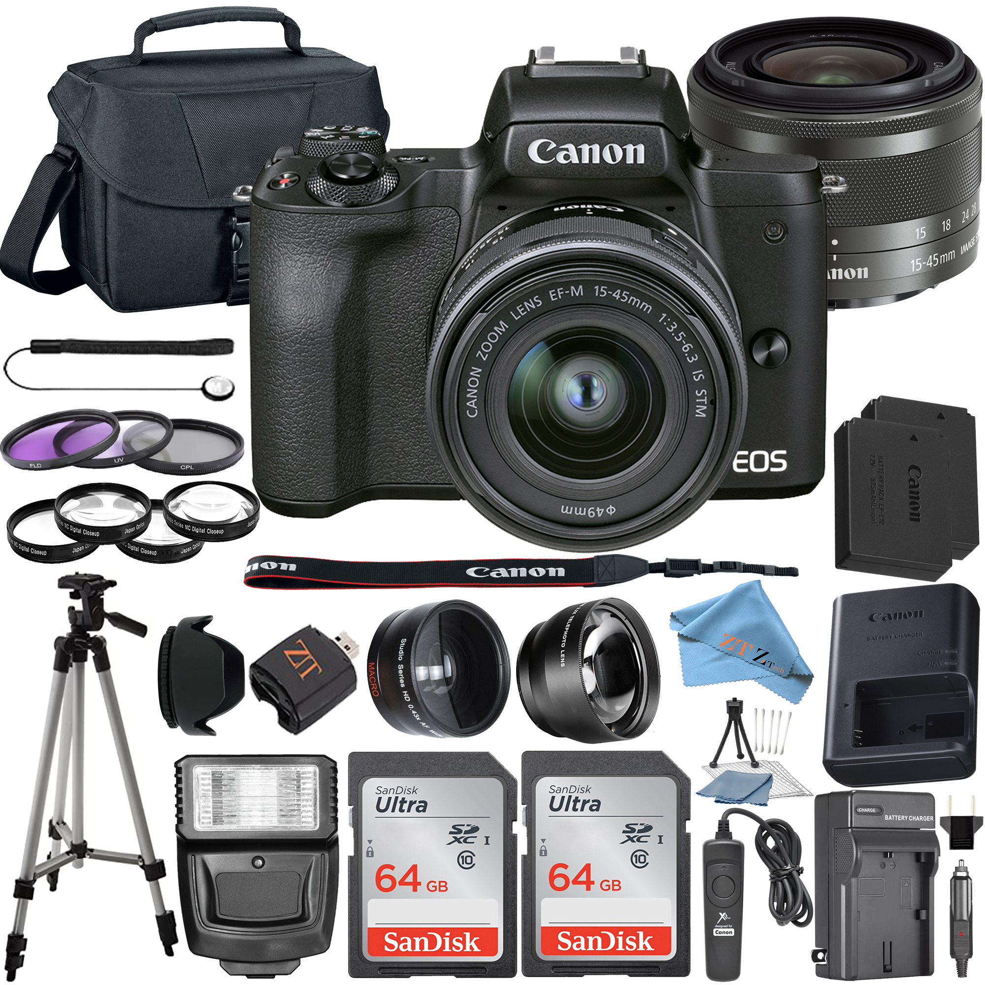 Canon EOS M50 Mark II Mirrorless Camera Bundle with 15-45mm Lens, SanDisk 64GB SanDisk Memory Card, Case, Wideangle, ZeeTech Accessory