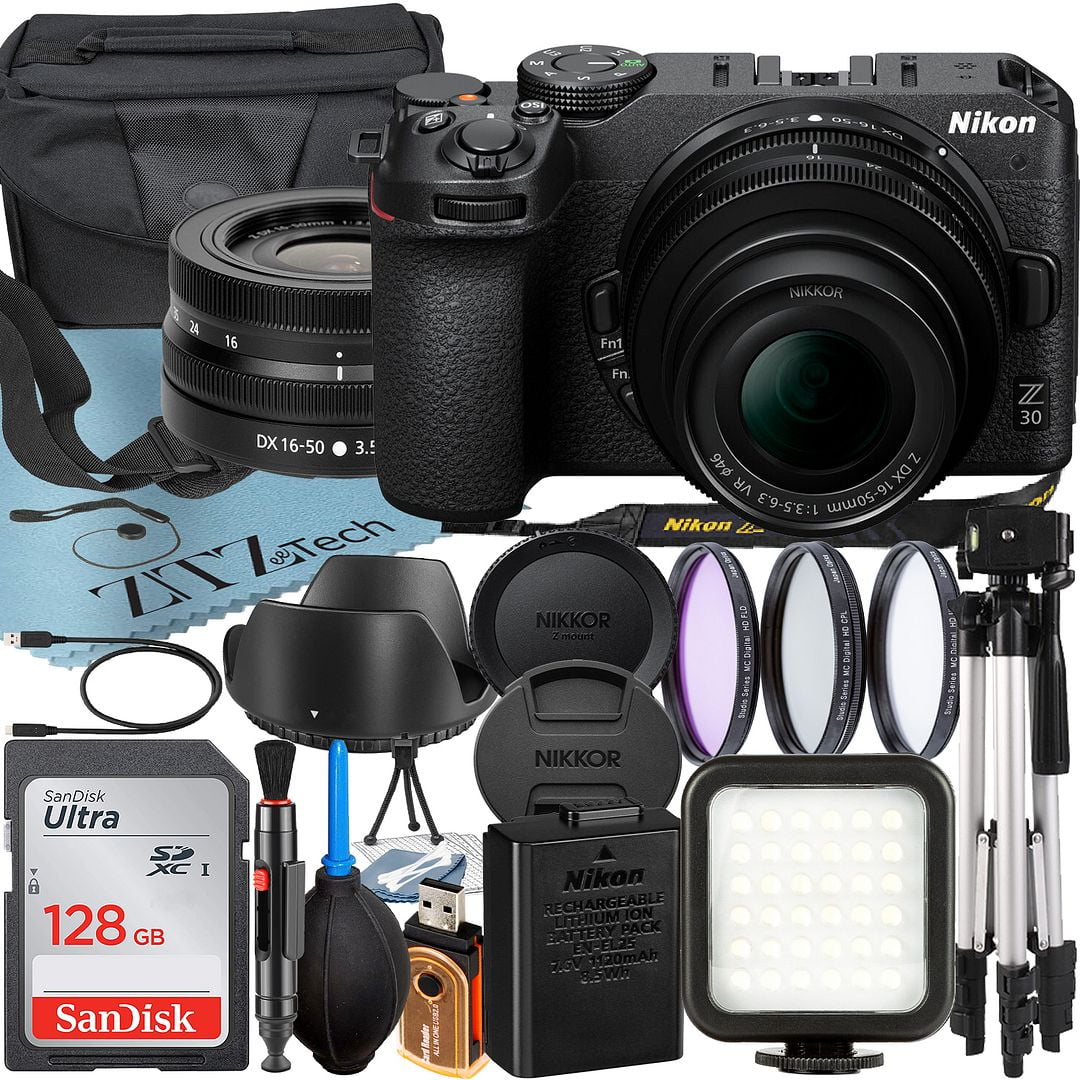 Nikon Z30 Mirrorless Camera with NIKKOR Z DX 16-50mm VR Zoom Lens + SanDisk 128GB Card + Case + 3 Pieces Filter + Flash + ZeeTech Accessory Bundle