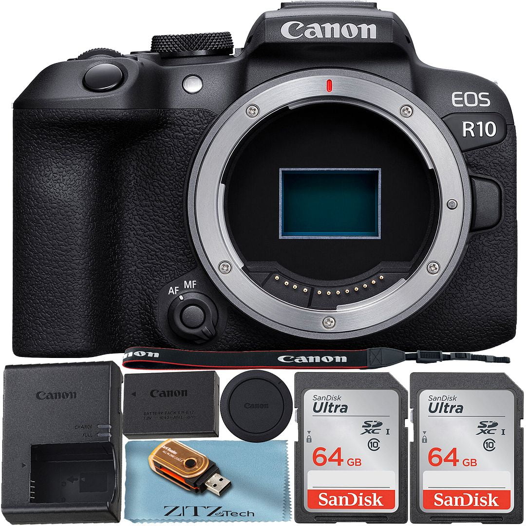 Canon EOS R10 Mirrorless Camera (Body Only) Vlogging 4K Video with 2 Pack SanDisk 64GB Memory Card + ZeeTech Accessory Bundle