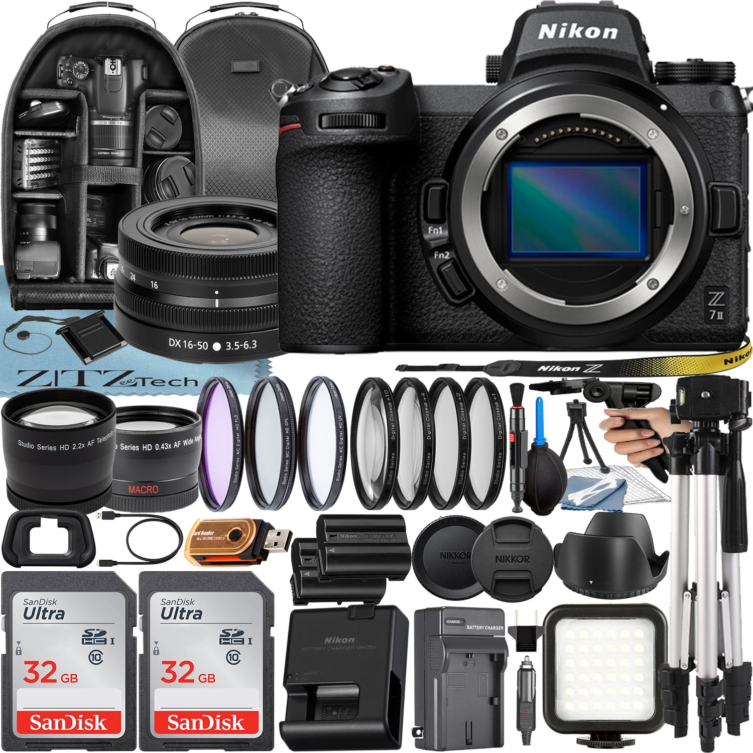 Nikon Z7 II Mirrorless Camera with NIKKOR Z DX 16-50mm VR Lens + 2 Pack 32GB SanDisk Card + Case + Tripod + ZeeTech Accessory Bundle