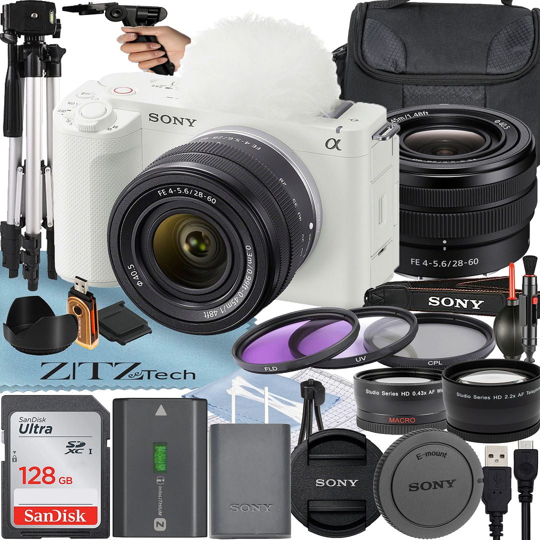 Sony ZV-E1 Mirrorless Camera (White) with FE 28-60mm Lens + SanDisk 128GB Card + Case + Wideangle + Tripod + ZeeTech Accessory Bundle