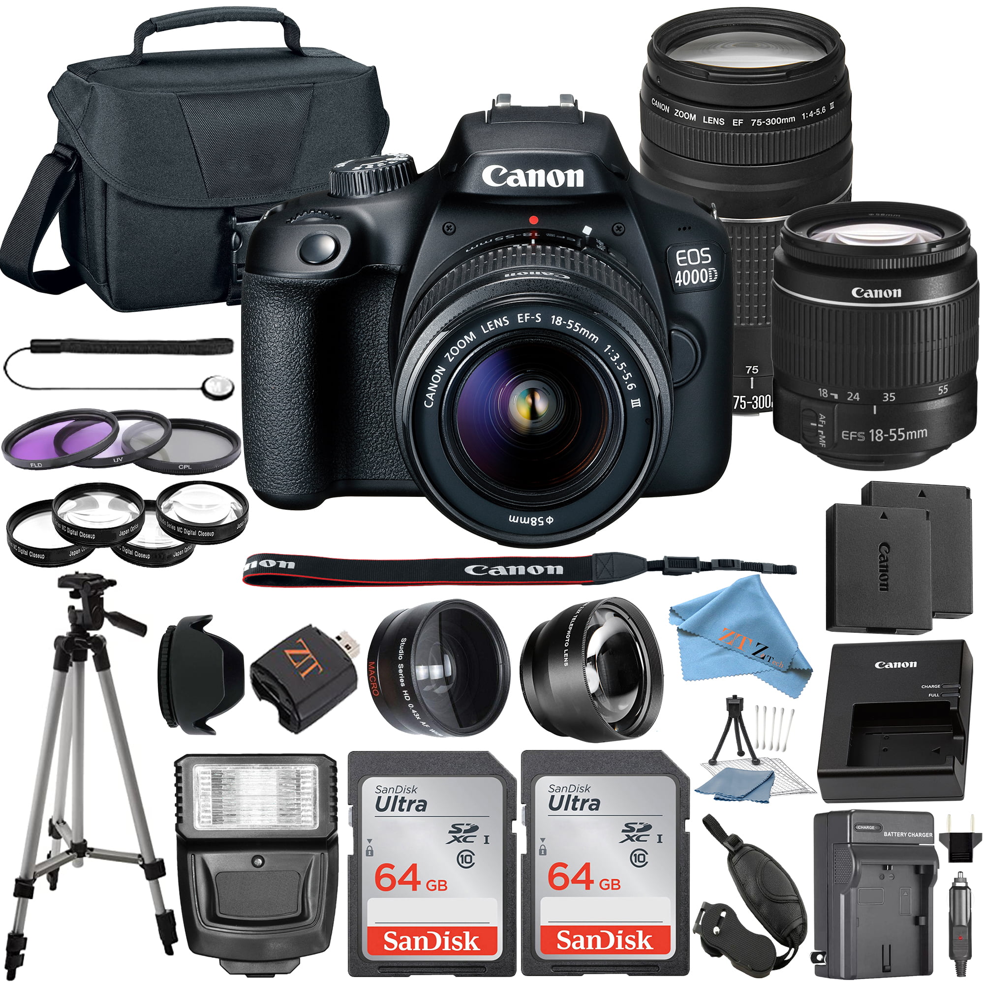 Canon EOS 4000D / Rebel T100 DSLR Camera Bundle with 18-55mm + 75-300mm Lens + 2 Pcs SanDisk 64GB Memory Cards + Tripod + Deluxe Camera Case + Flash + ZeeTech Accessory Kit
