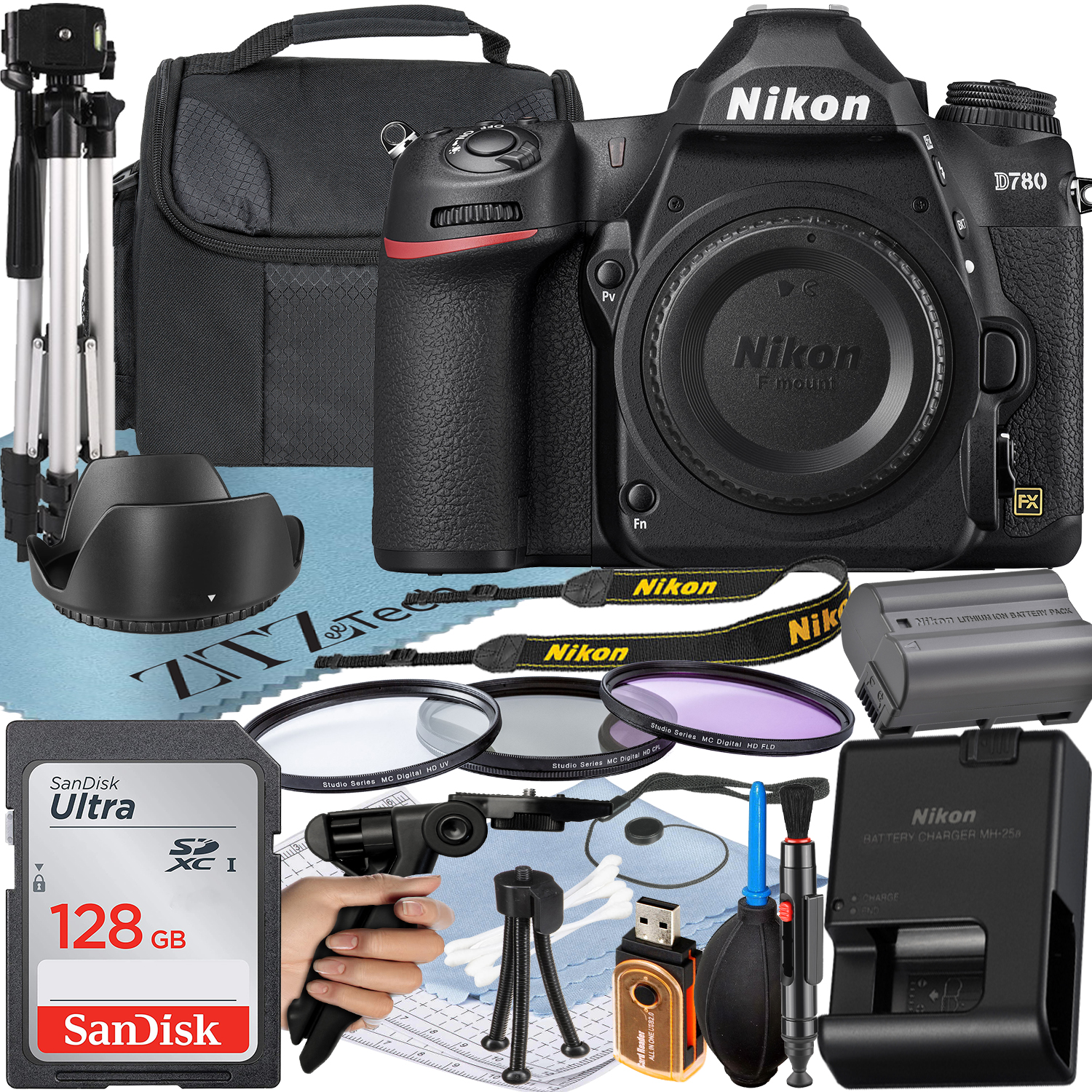 Nikon D780 DSLR Camera (Body Only) with 24.5MP FX-Format BSI CMOS Sensor + SanDisk 128GB Memory Card + Case + UV Filter + ZeeTech Accessory Bundle