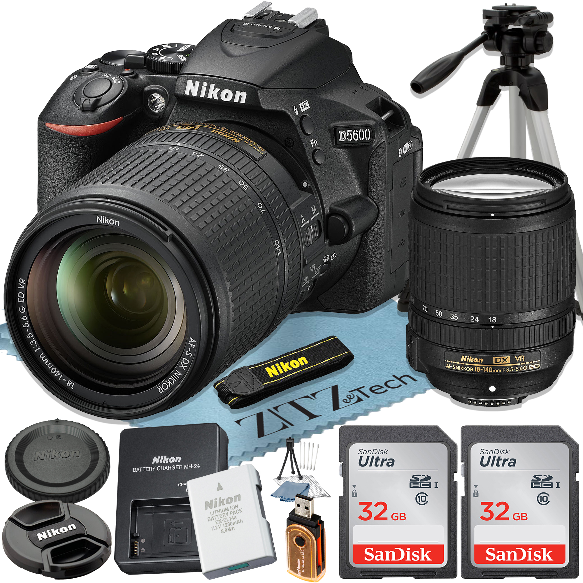 Nikon D5600 DSLR Camera 24.2MP DX-Format CMOS Sensor with 18-140mm Lens + 2 Pcs SanDisk 32GB Memory Card + Tripod + ZeeTech Accessory Bundle