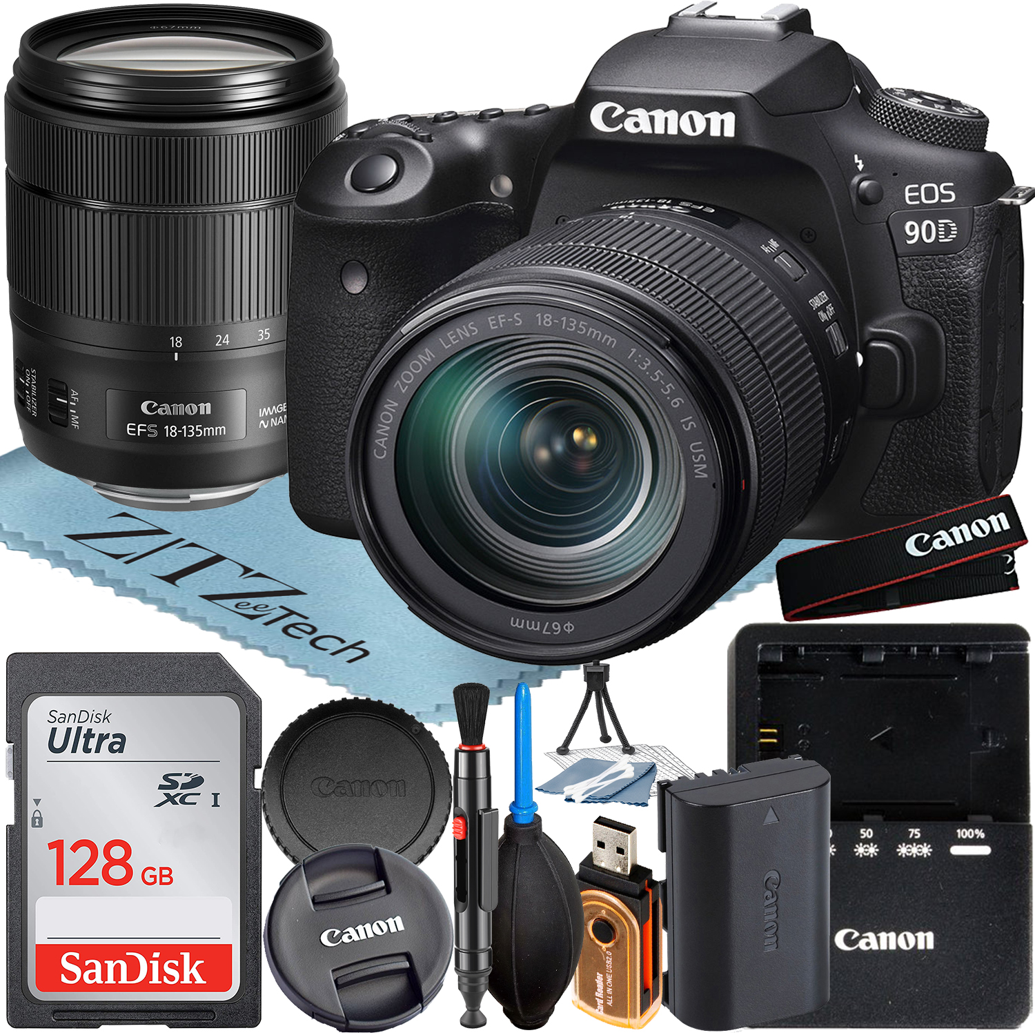 Canon EOS 90D DSLR Camera with 18-135mm IS USM Lens + SanDisk 128GB Memory Card + ZeeTech Accessory Bundle