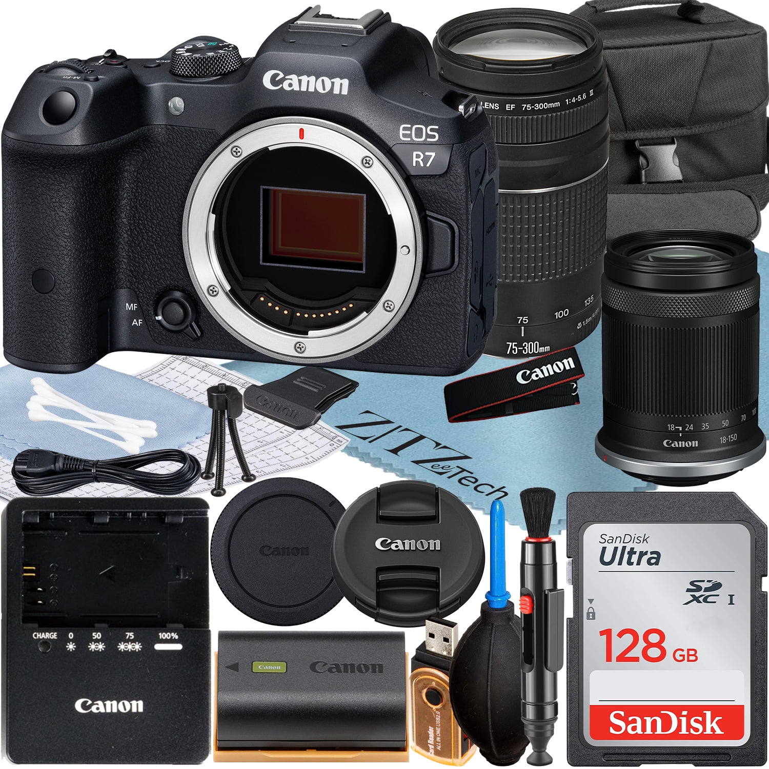 Canon EOS R7 Mirrorless Camera with RF-S 18-150mm + EF 75-300mm Lens + SanDisk 128GB Memory Card + Case + ZeeTech Accessory Bundle