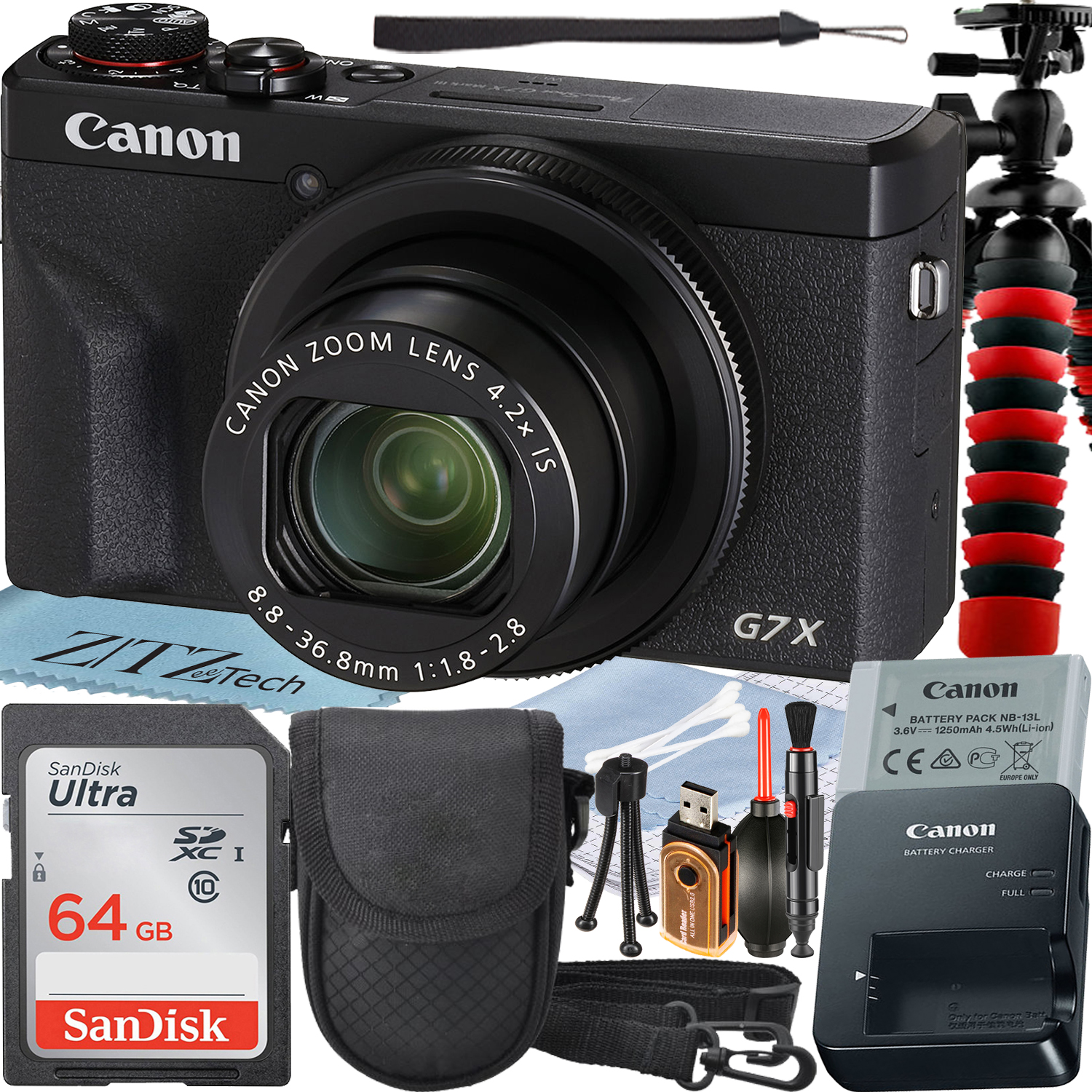 Canon PowerShot G7 X Mark III Digital Camera (Black) with 4.2x Optical Zoom Lens + SanDisk 64GB Memory Card + Case + ZeeTech Advanced Bundle